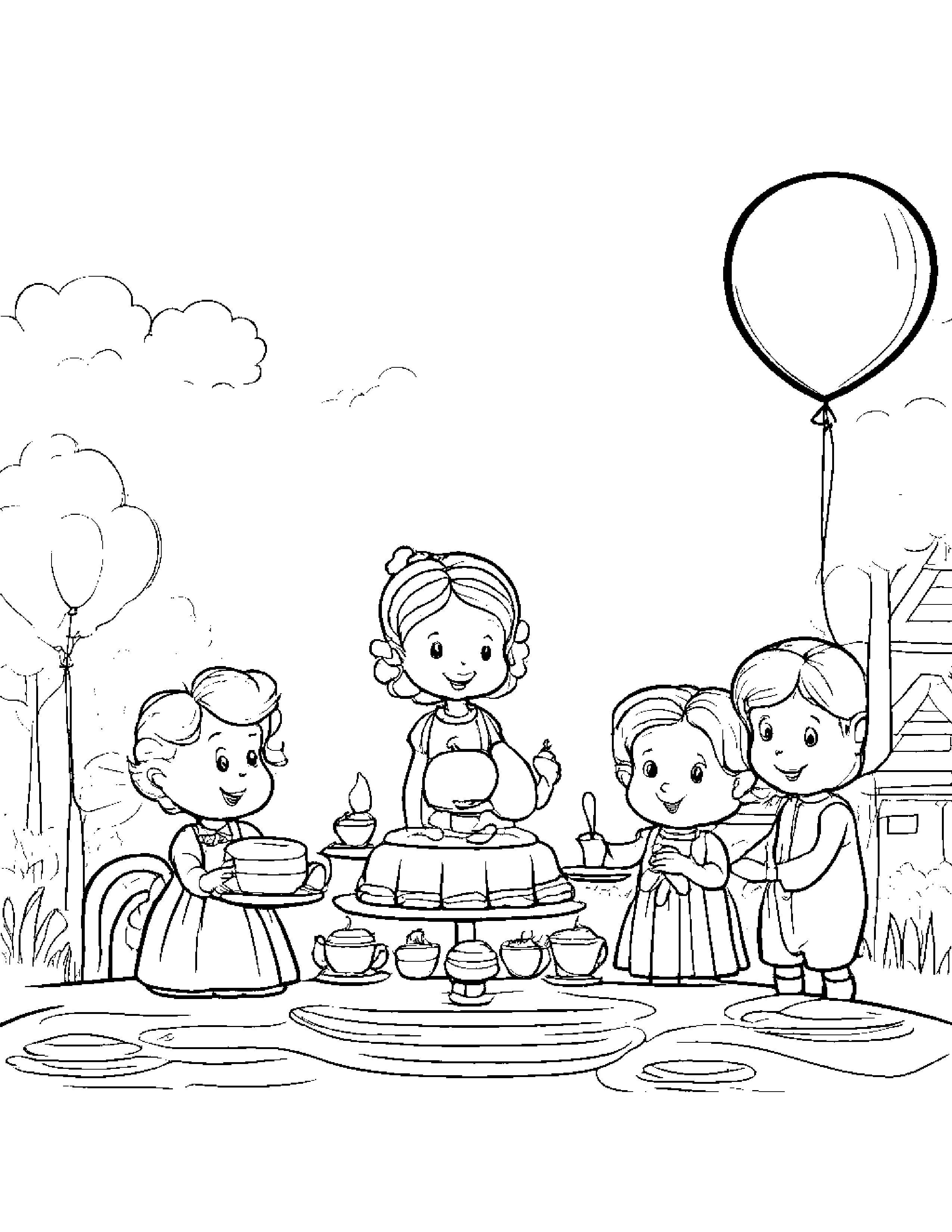 Happy Tea Party Holding A Balloon Coloring Page (Free Printable PDF)