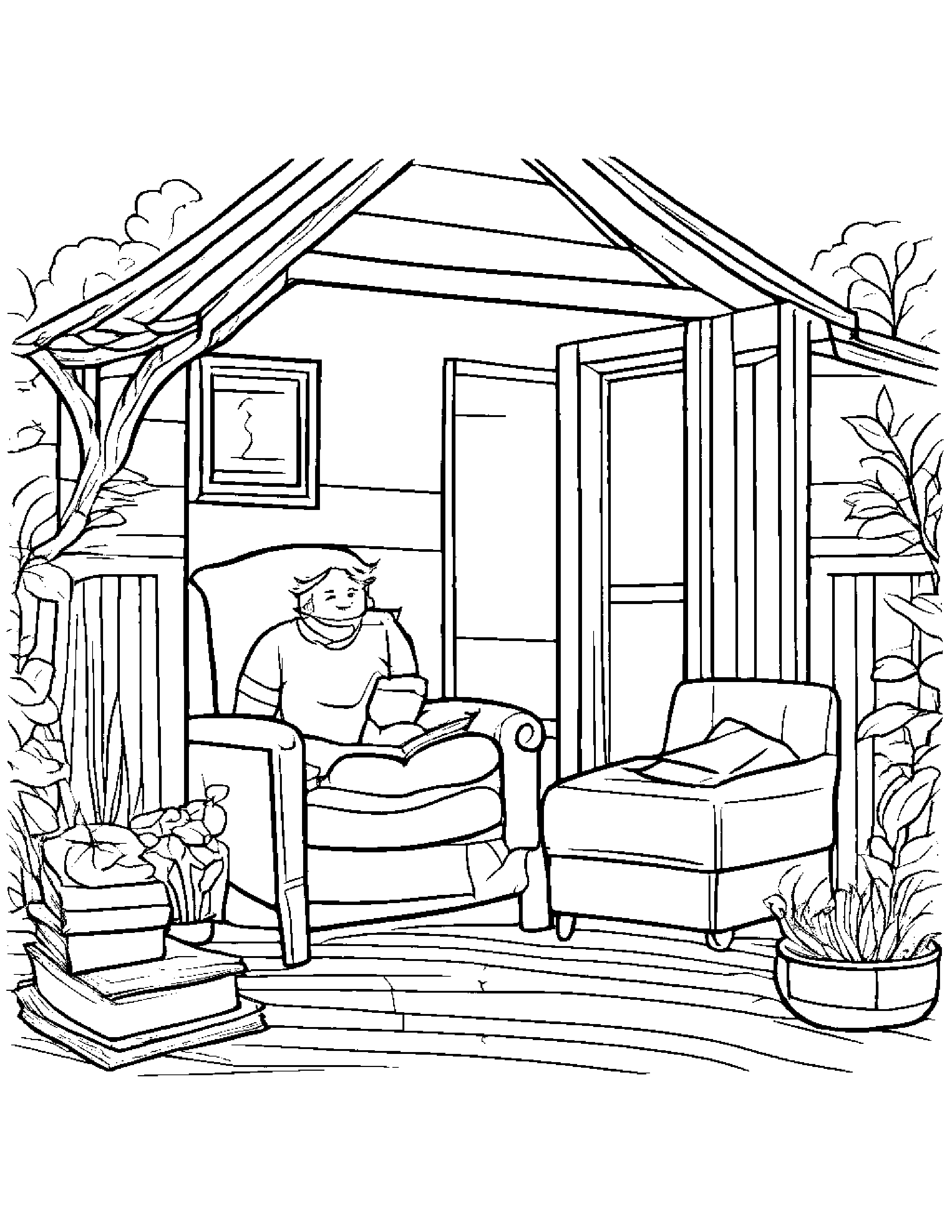 Little Cozy Cottage Reading A Book #2 Coloring Page (Free Printable PDF)