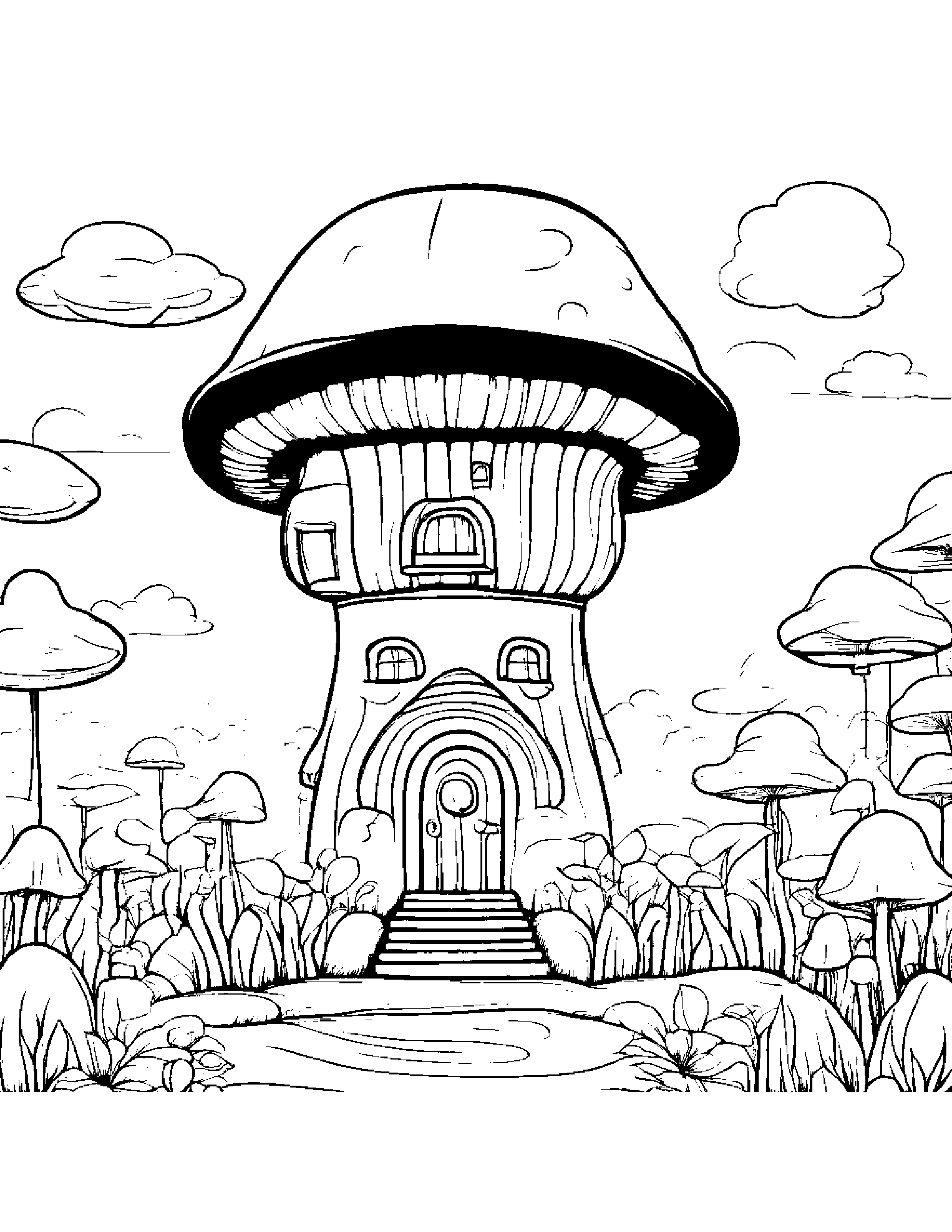 Mushroom House With Balloon Coloring Page (Free Printable PDF)