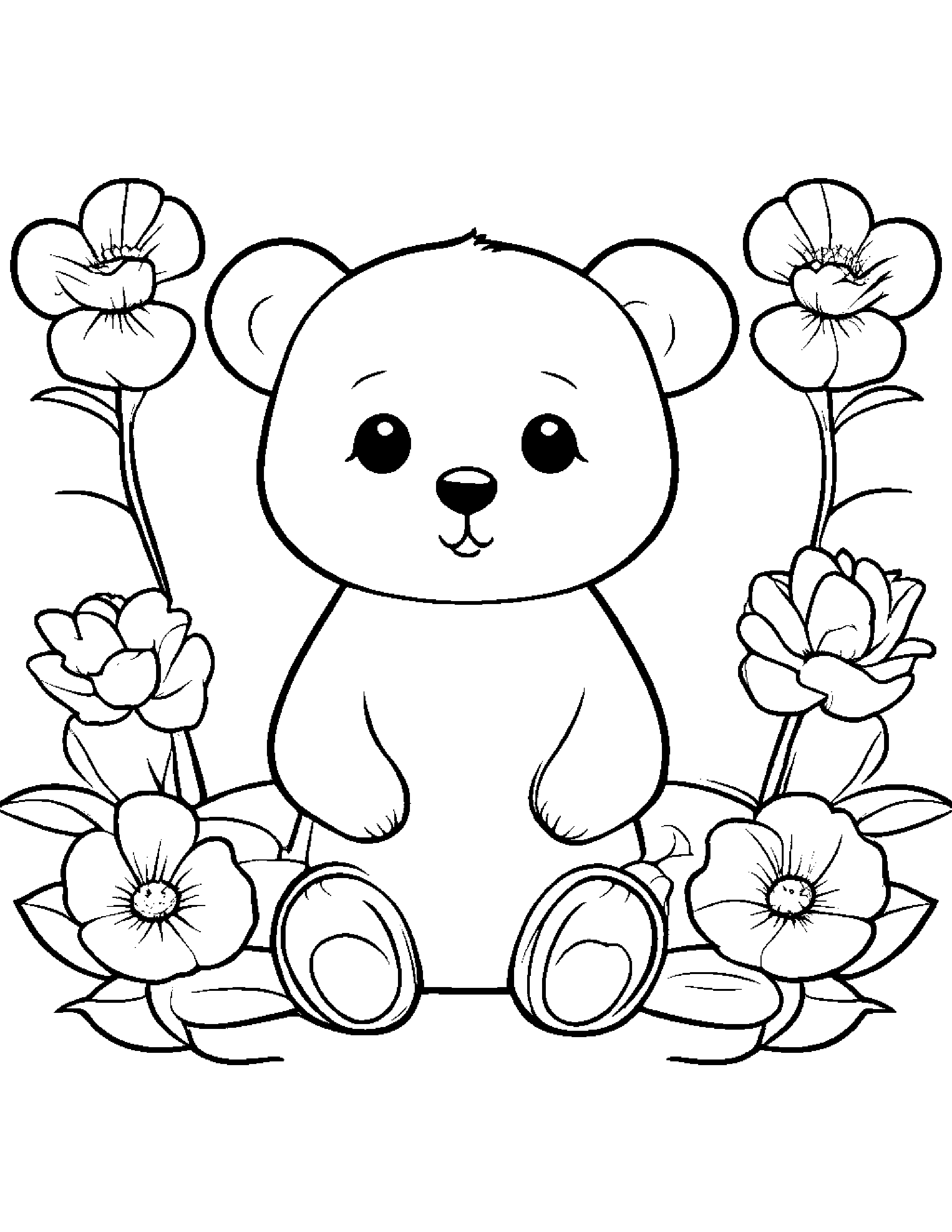 Kawaii Bear Cub With A Flower Coloring Page (Free Printable PDF)