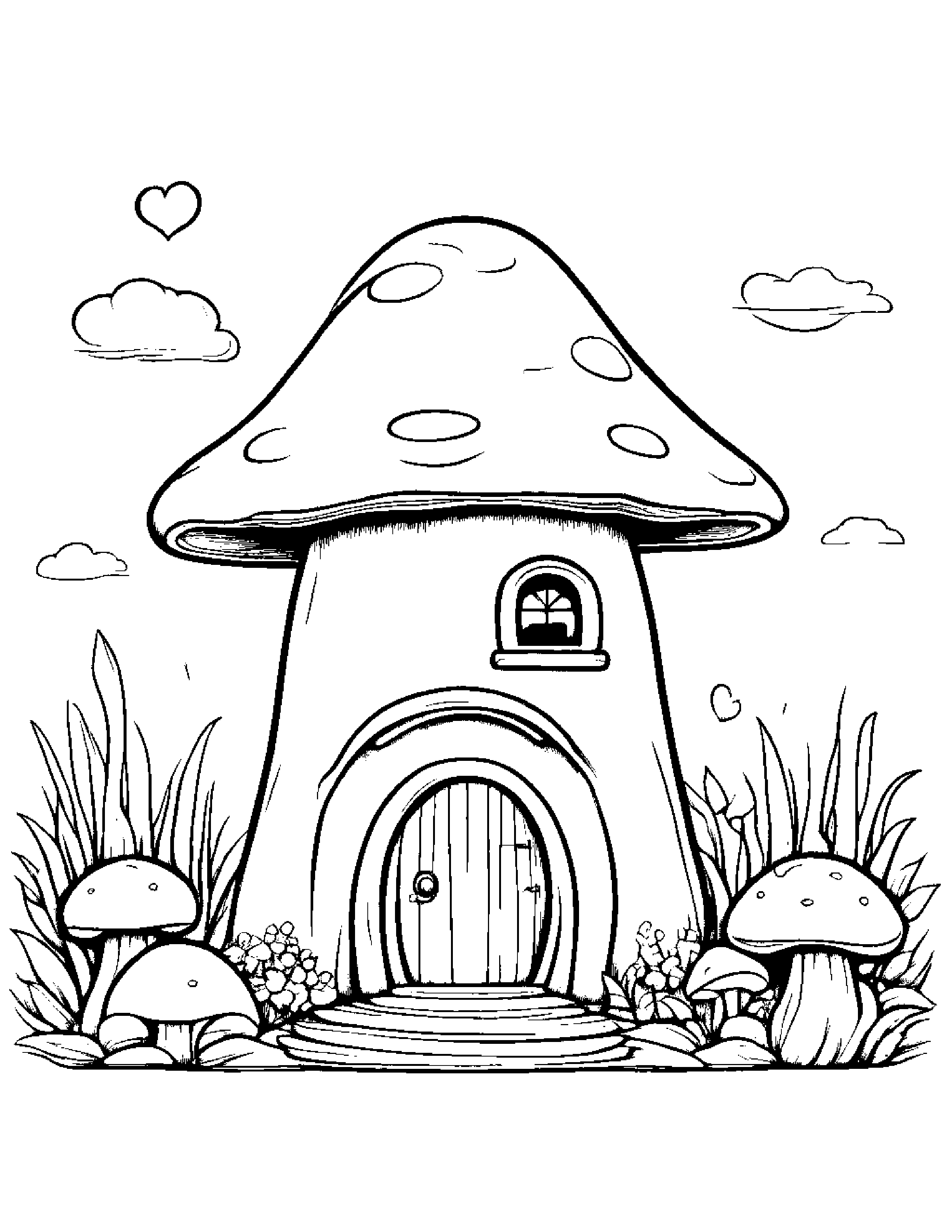 Sleepy Mushroom House Hugging A Heart #2 Coloring Page (Free Printable PDF)