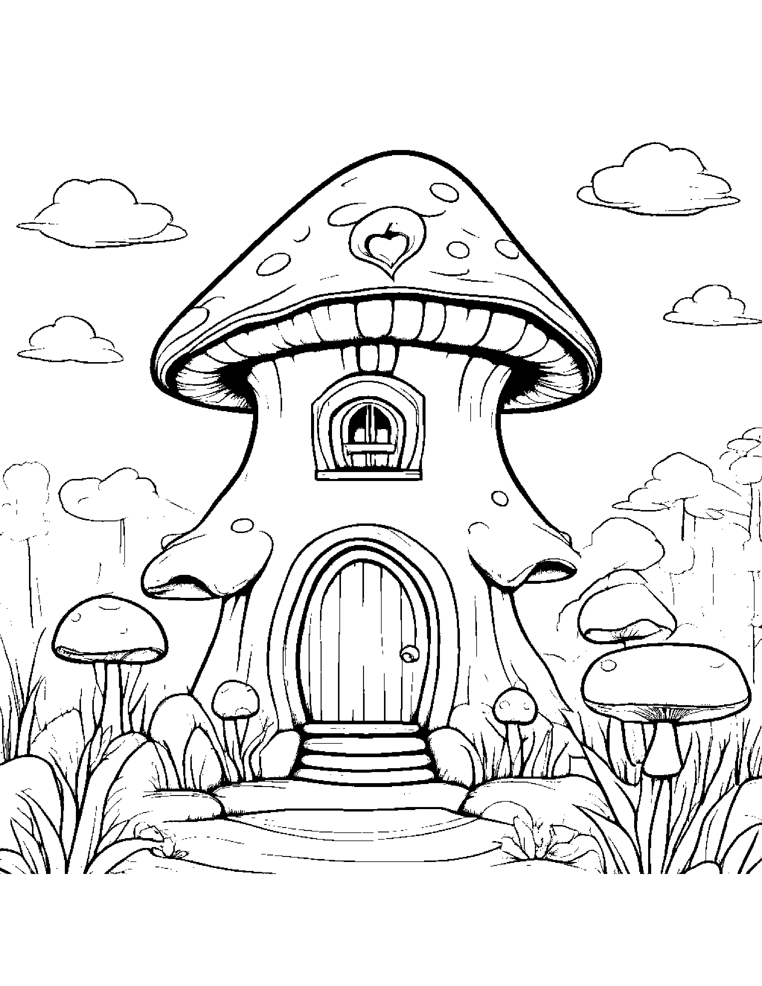 Sleepy Mushroom House Hugging A Heart Coloring Page (Free Printable PDF)