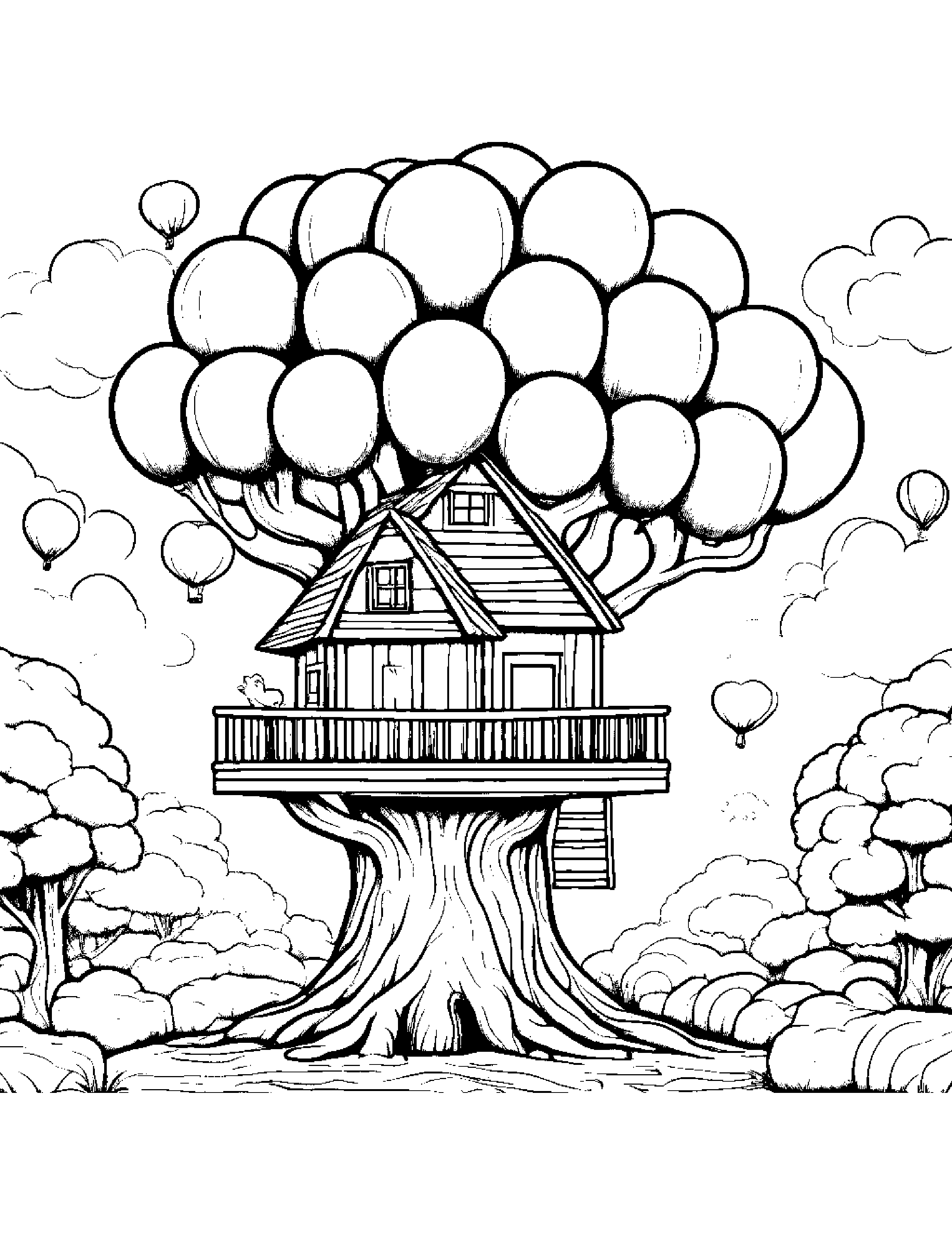 Sleepy Treehouse With Balloon #2 Coloring Page (Free Printable PDF)