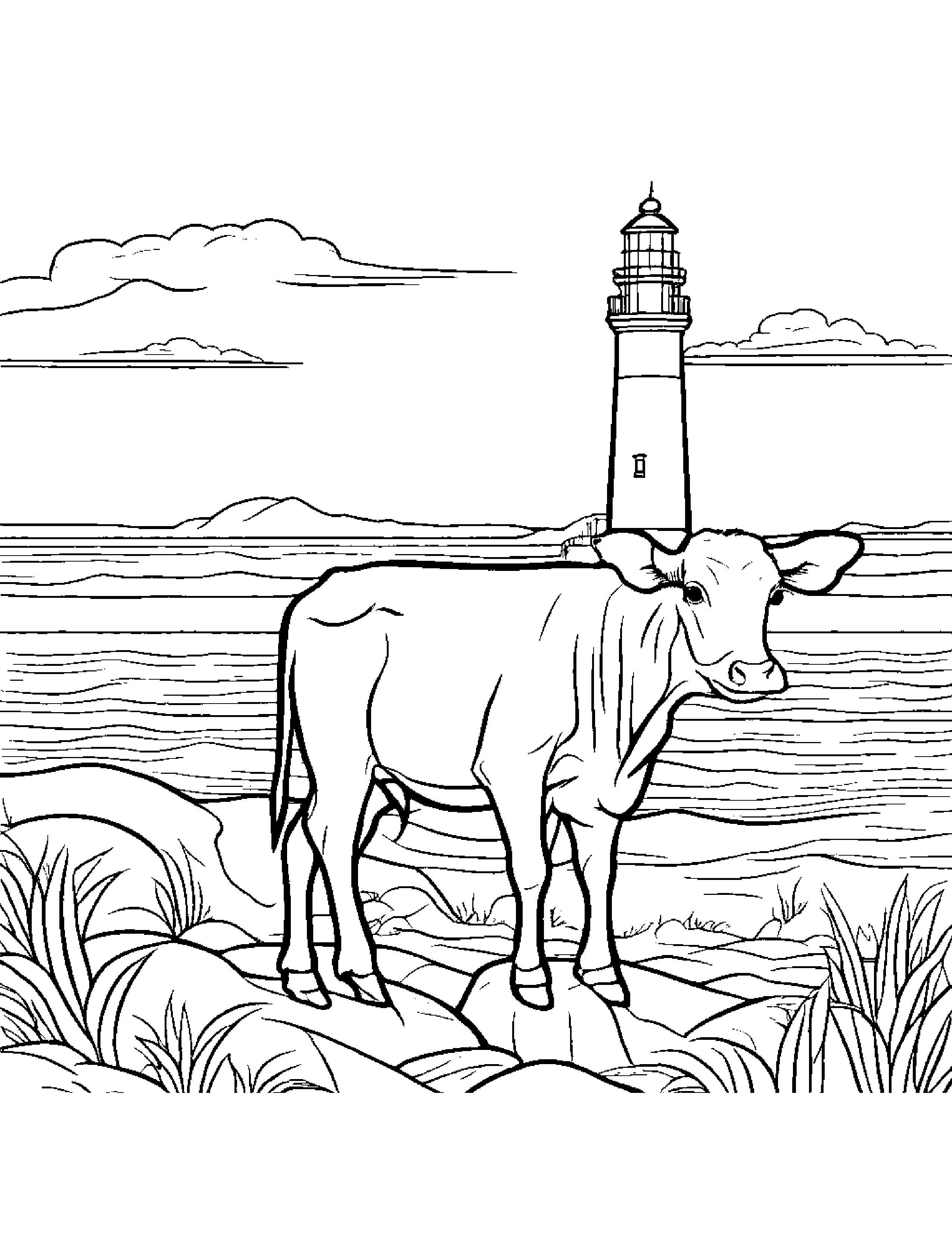 Bright Calf Near A Lighthouse #2 Coloring Page (Free Printable PDF)