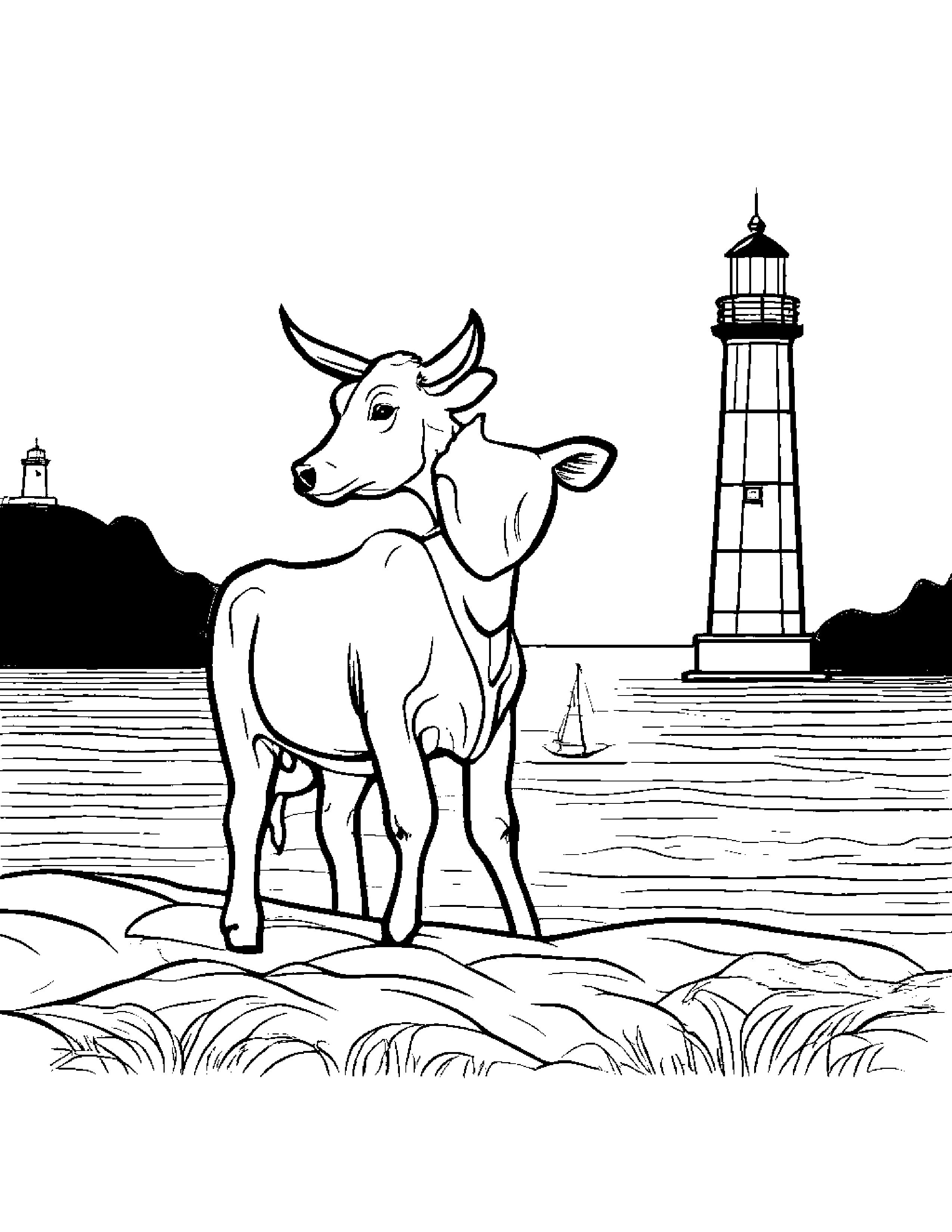 Bright Calf Near A Lighthouse #3 Coloring Page (Free Printable PDF)