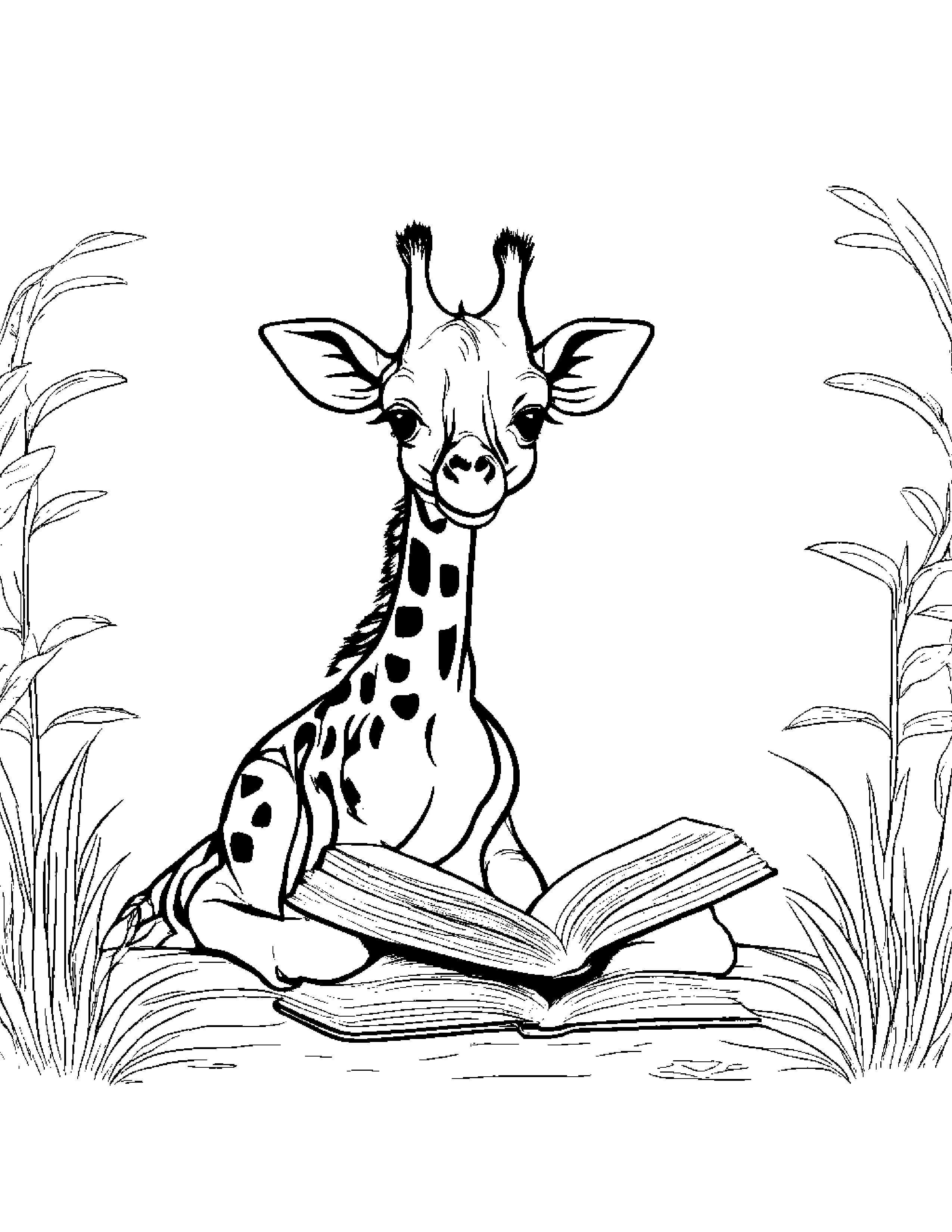 Giraffe Calf Reading A Storybook #3 Coloring Page (Free Printable PDF)
