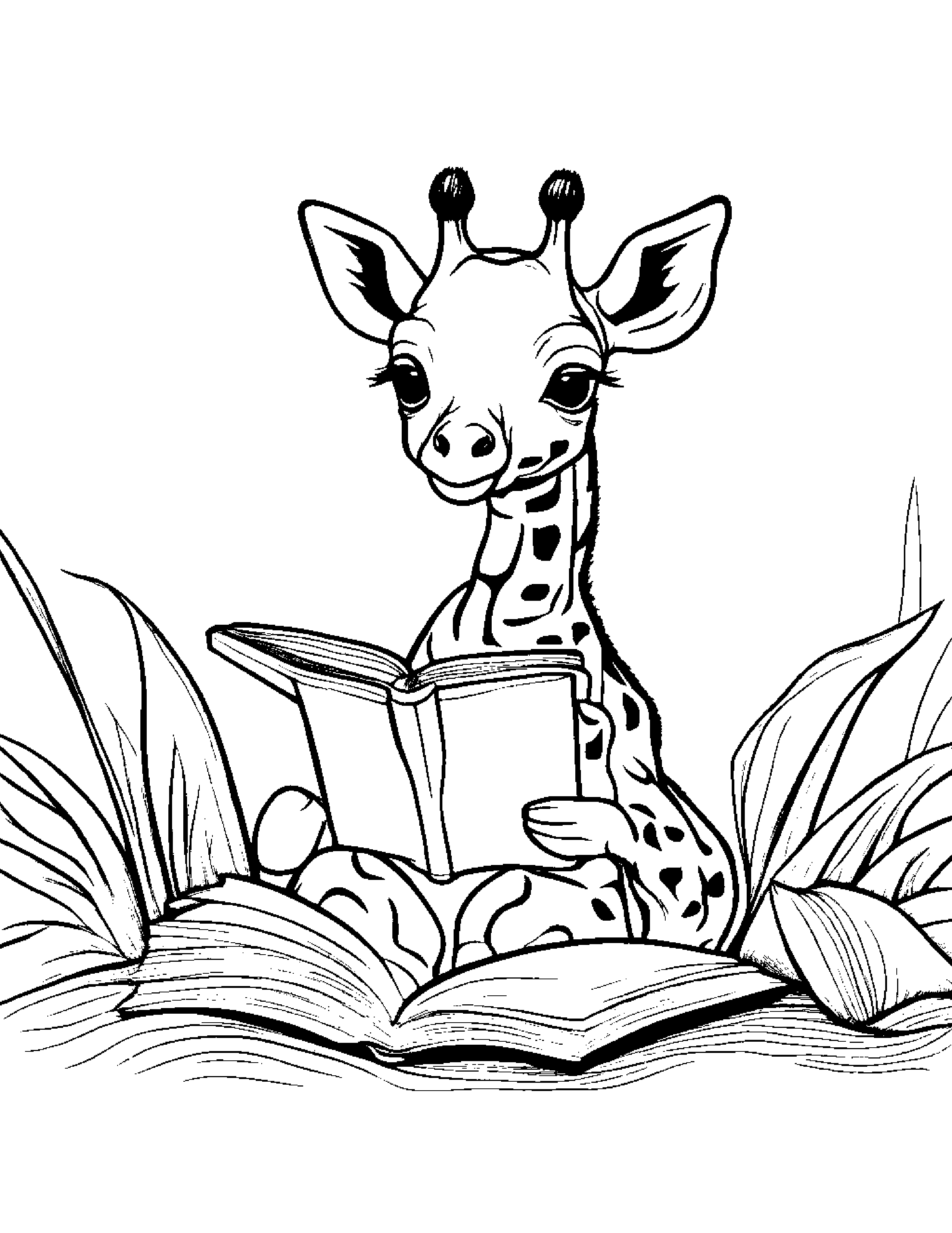 Giraffe Calf Reading A Storybook #4 Coloring Page (Free Printable PDF)