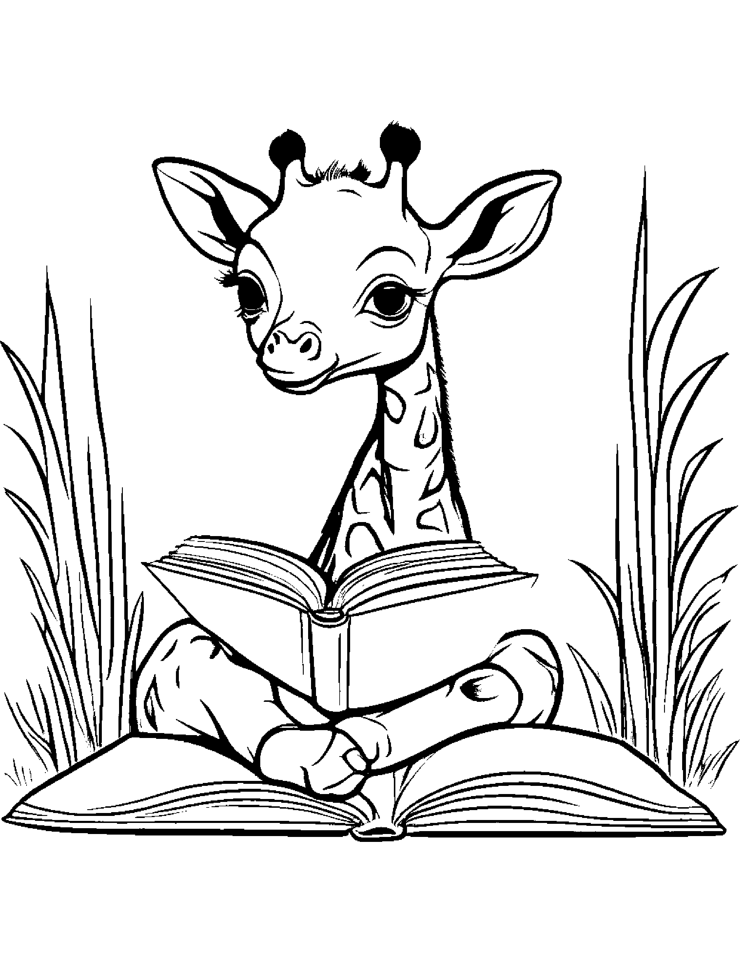 Giraffe Calf Reading A Storybook Coloring Page (Free Printable PDF)
