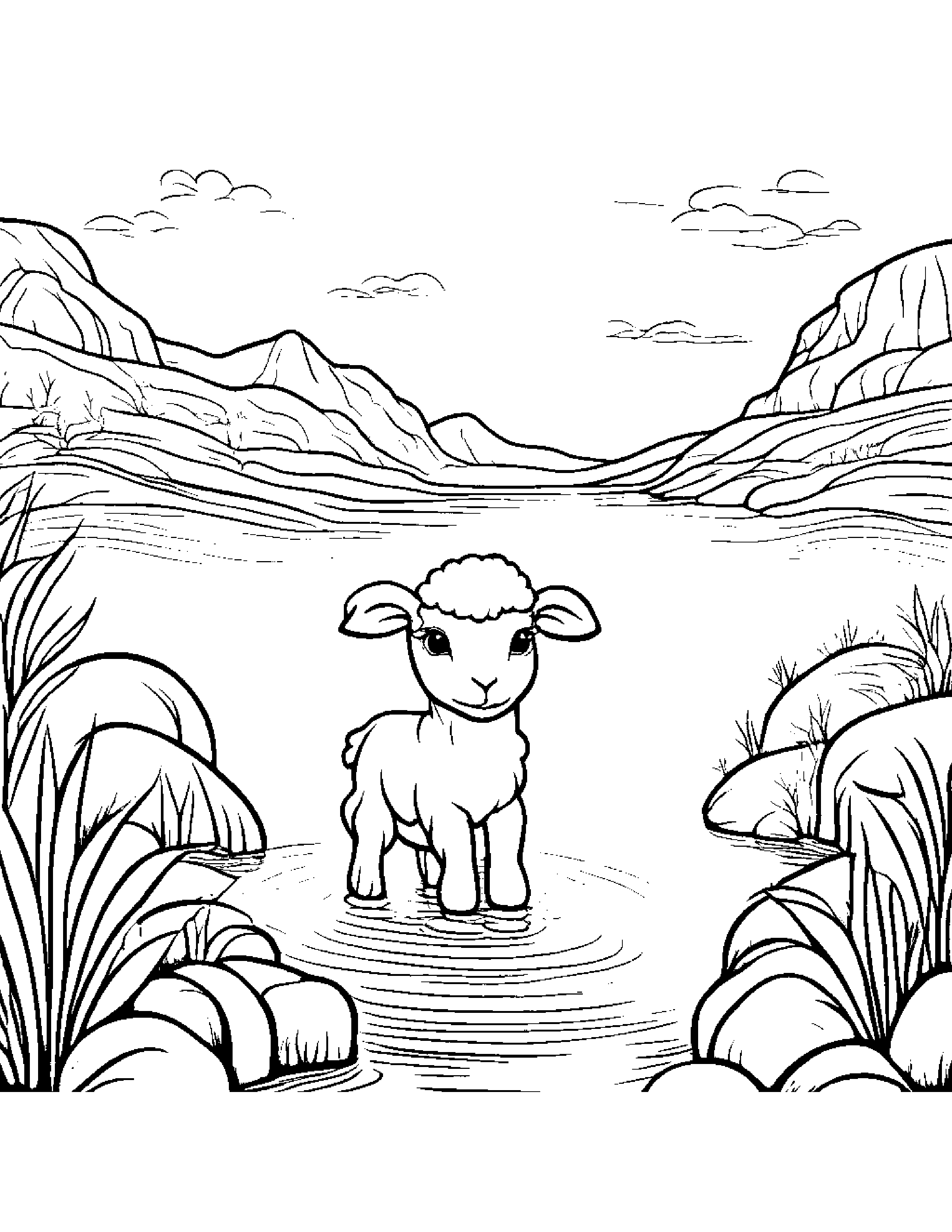 Zippy Lamb Near A Gentle Stream #2 Coloring Page (Free Printable PDF)