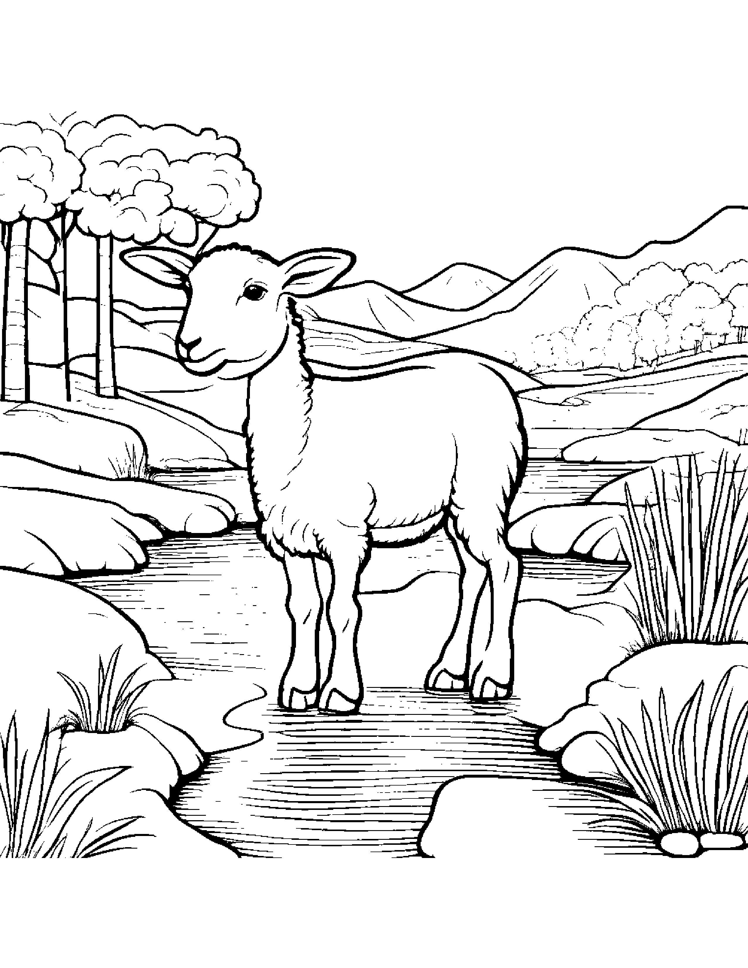 Zippy Lamb Near A Gentle Stream #5 Coloring Page (Free Printable PDF)