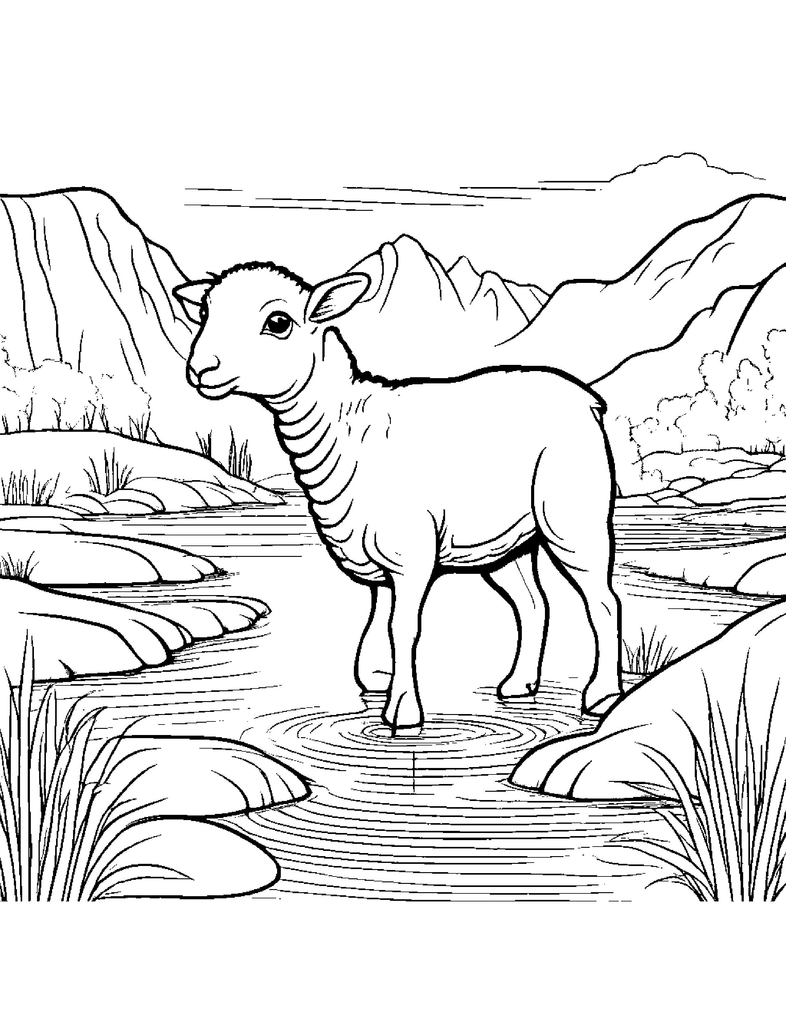 Zippy Lamb Near A Gentle Stream Coloring Page (Free Printable PDF)