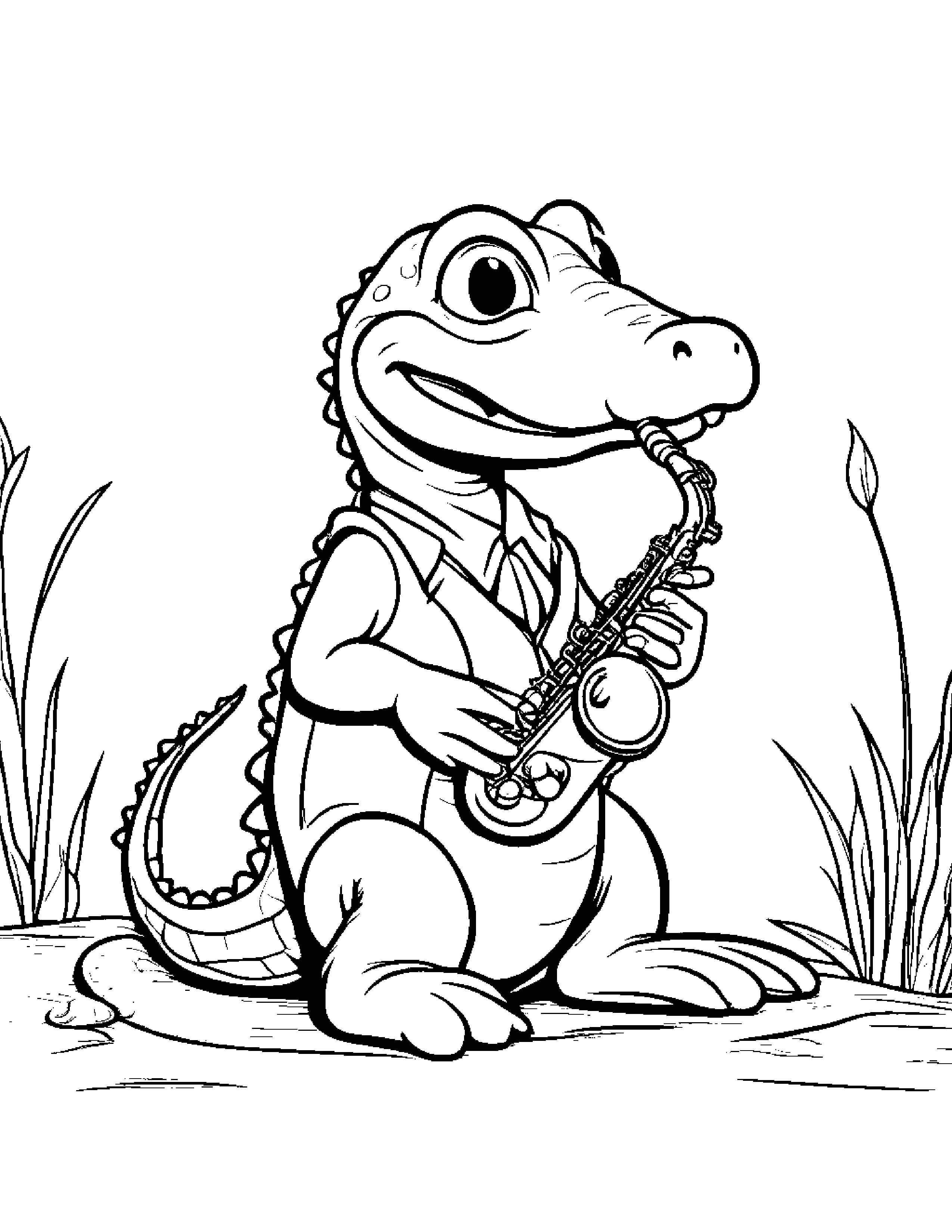A Baby Alligator Playing The Saxophone Coloring Page (Free Printable PDF)