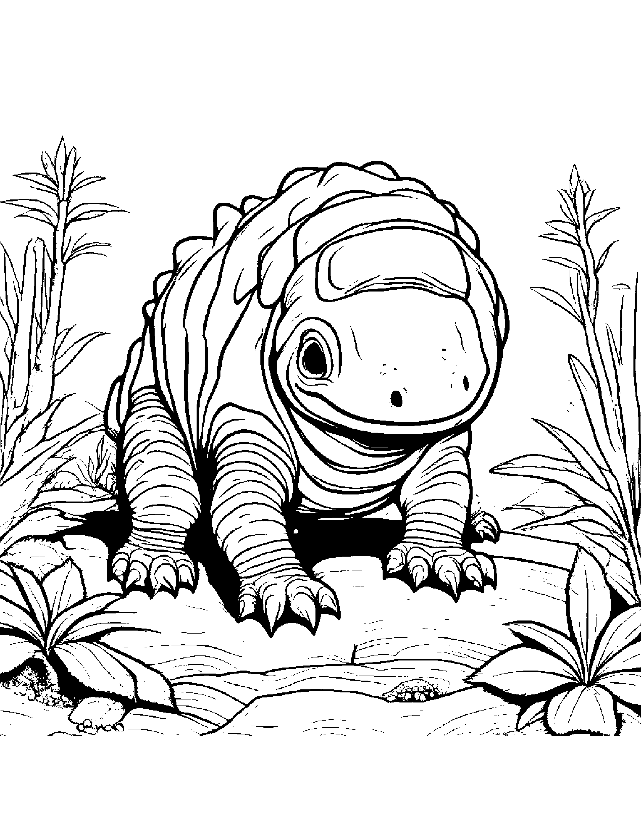 A Baby Ankylosaurus Eating Ants From The Side Of A Termite Hill Coloring Page (Free Printable PDF)