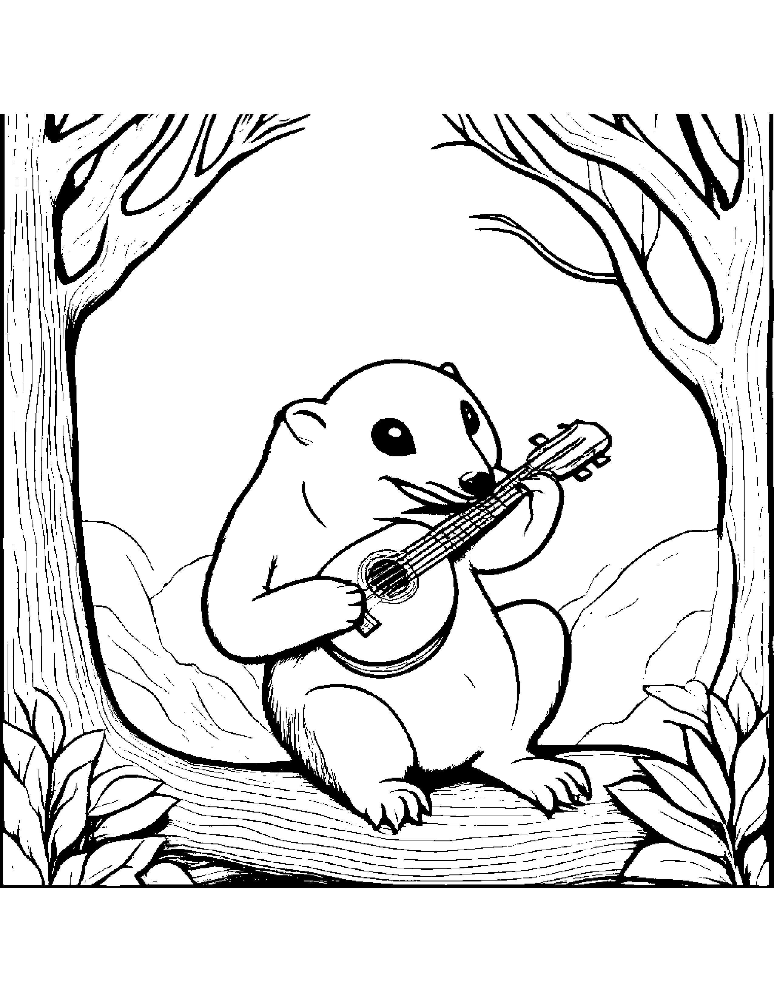 A Baby Anteater Strumming An Ukelele While Sitting In A Tree Coloring Page (Free Printable PDF)