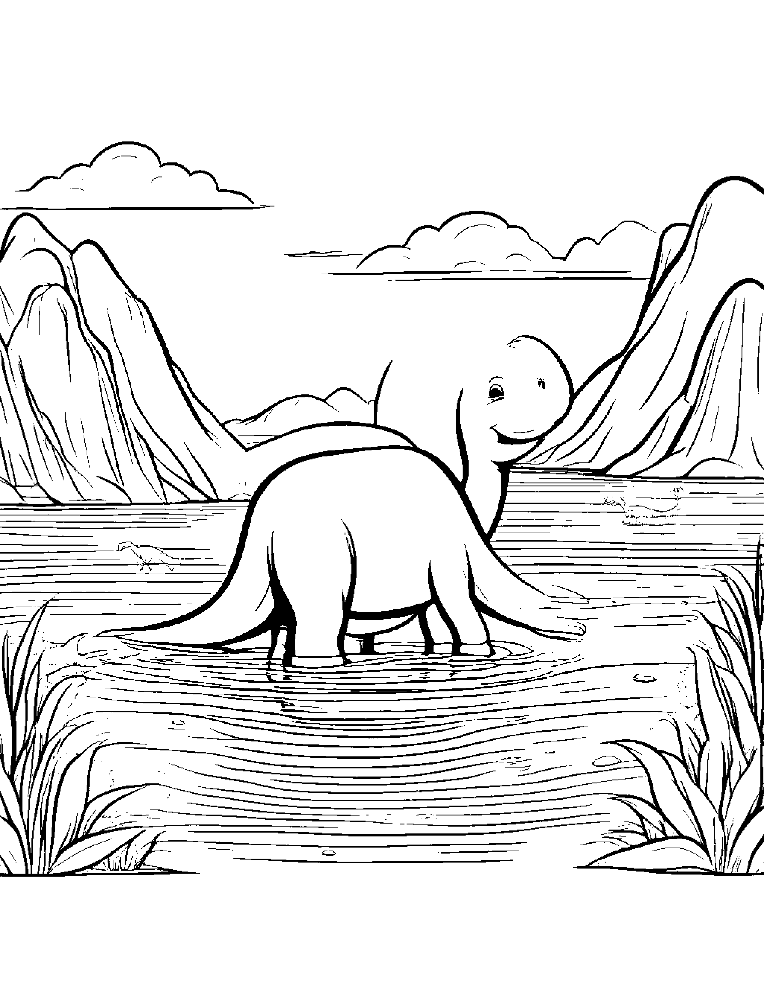 A Baby Apatosaurus Splashing In A Shallow Lake With Its Friends Coloring Page (Free Printable PDF)