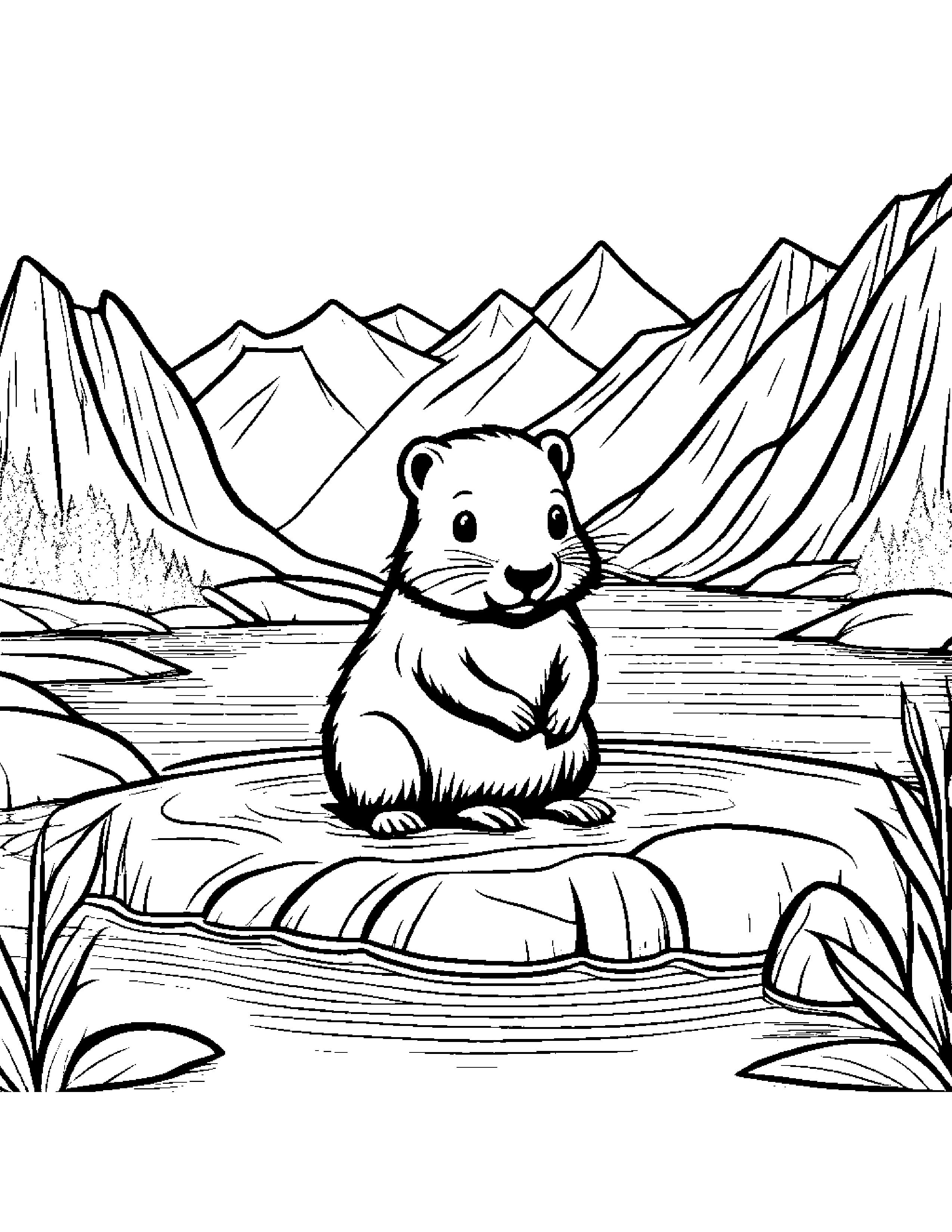 A Baby Beaver Building A Dam In A Pristine Mountain Stream With Mountains In The Background Coloring Page (Free Printable PDF)