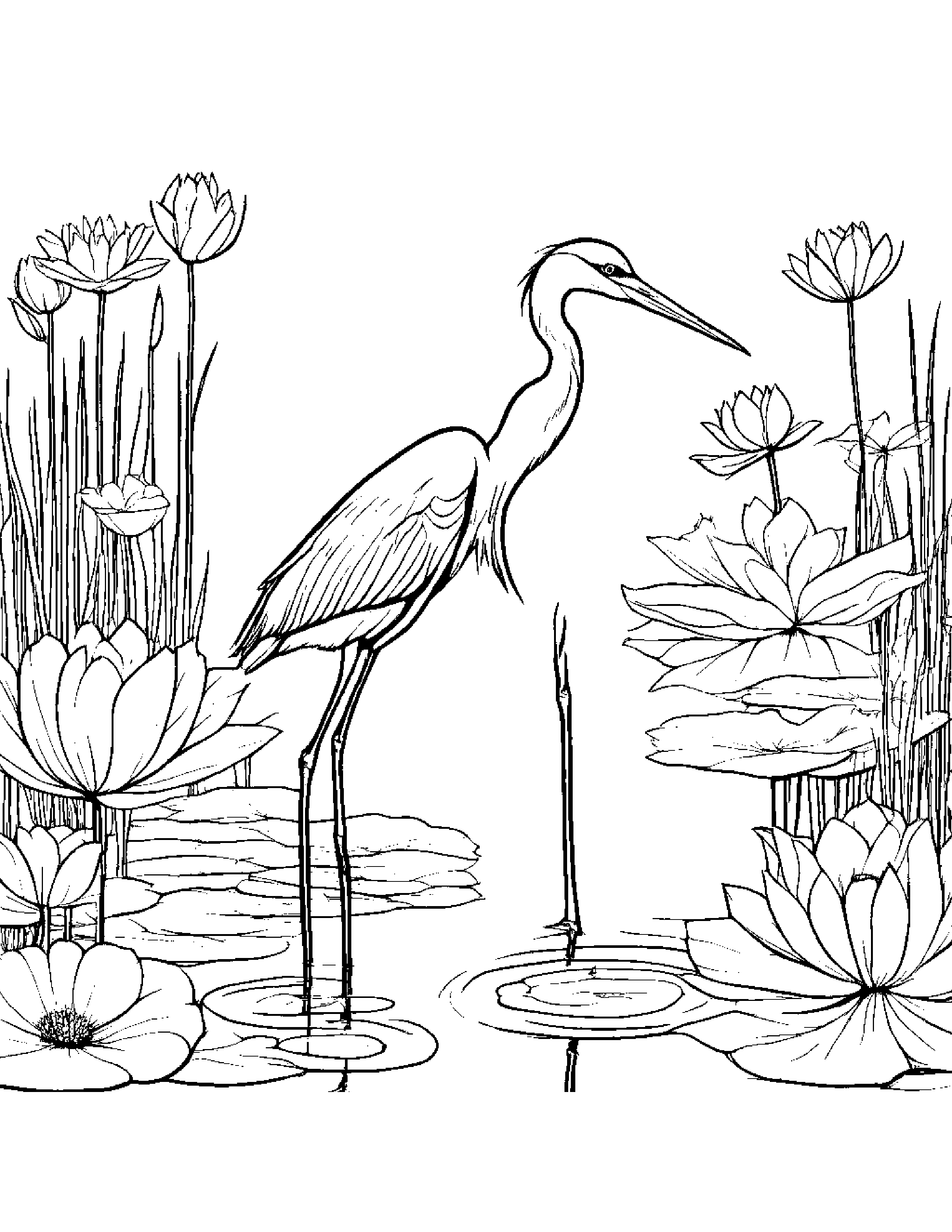 A Baby Blue Heron Stalking Frogs Near A Tranquil Pond Full Of Blooming Lotus Flowers Coloring Page (Free Printable PDF)