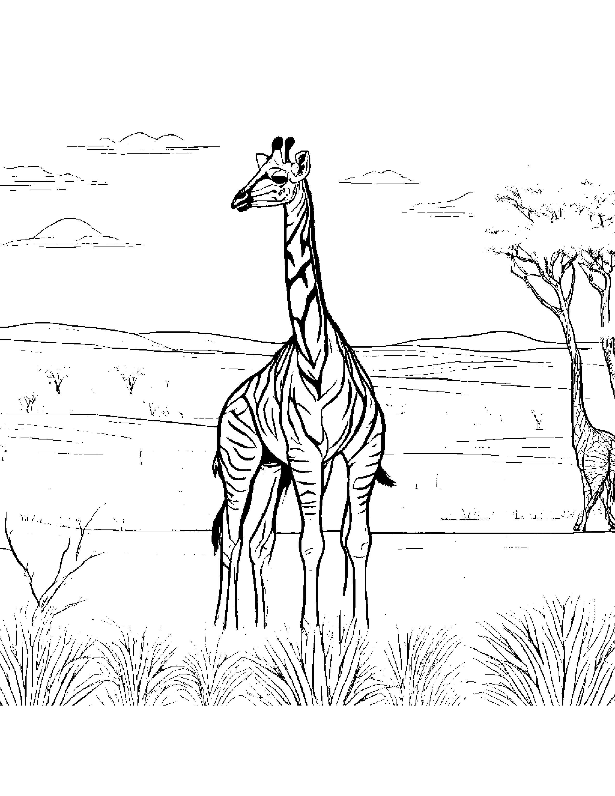 A Baby Giraffe Gazing At The African Savannah Plains Teeming With Zebras And Antelopes Coloring Page (Free Printable PDF)