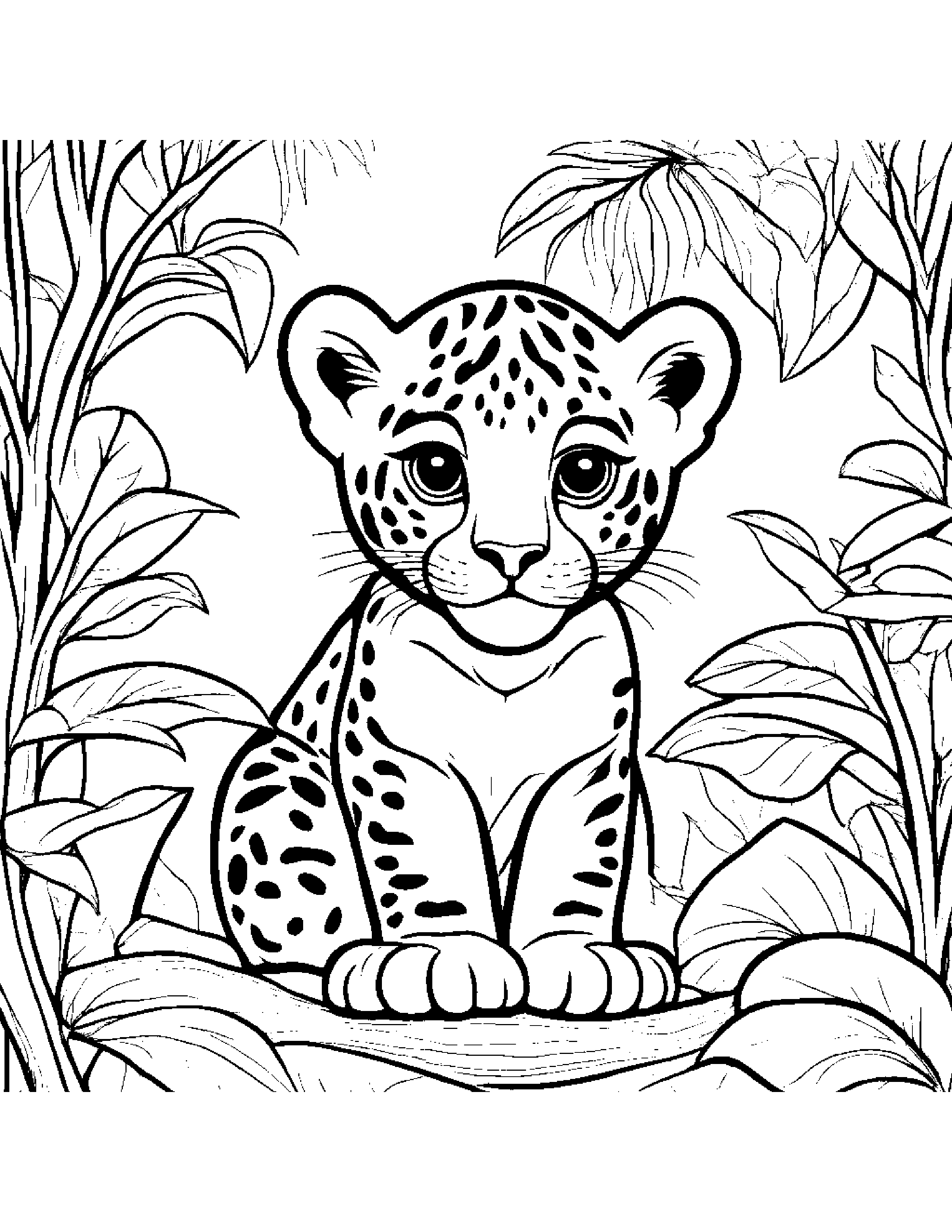 A Baby Jaguar Camouflaged Among The Branches Of A Rainforest Tree, Waiting Patiently For Its Prey Coloring Page (Free Printable PDF)