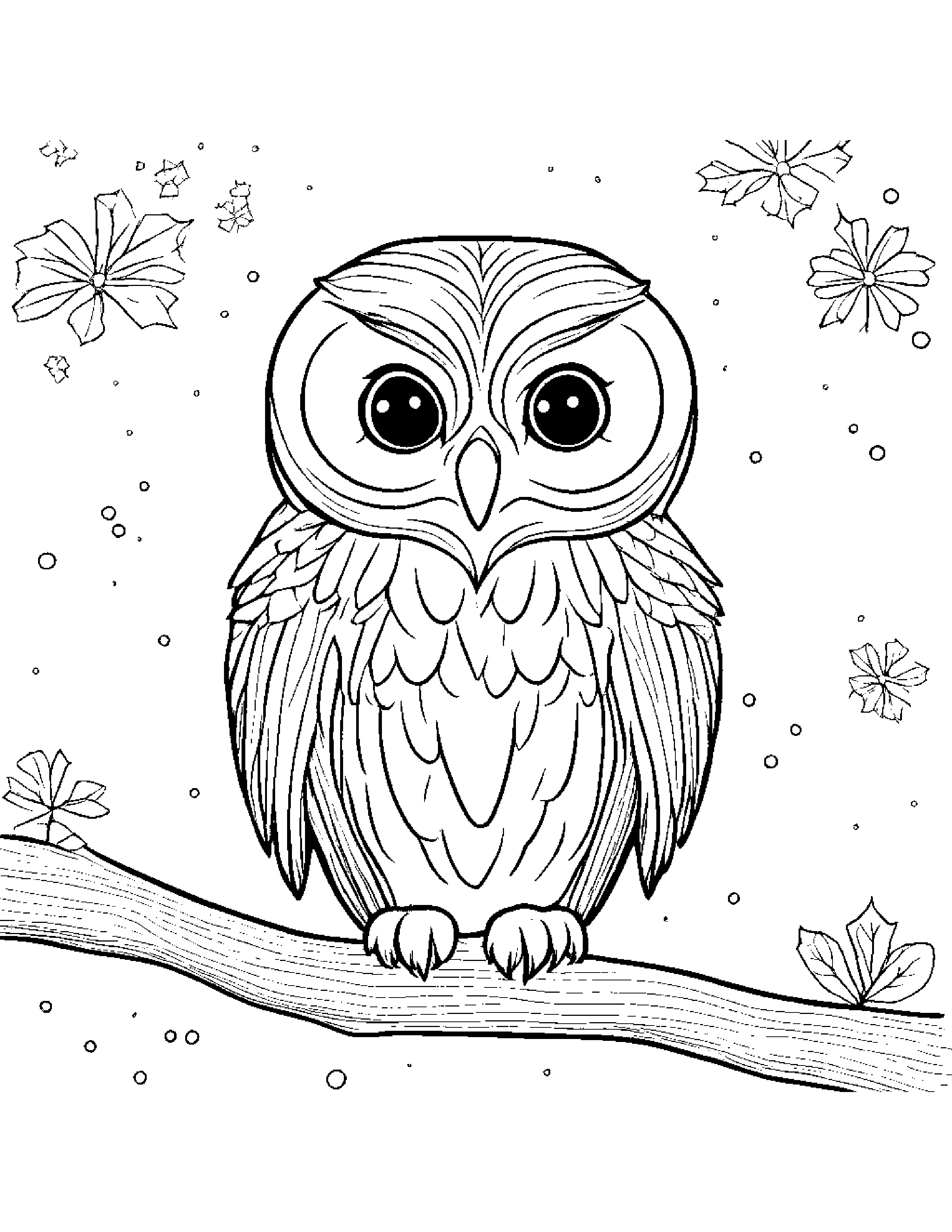 A Baby Owl Perched On A Branch, Watching Snowflakes Fall Gently In Winter Coloring Page (Free Printable PDF)