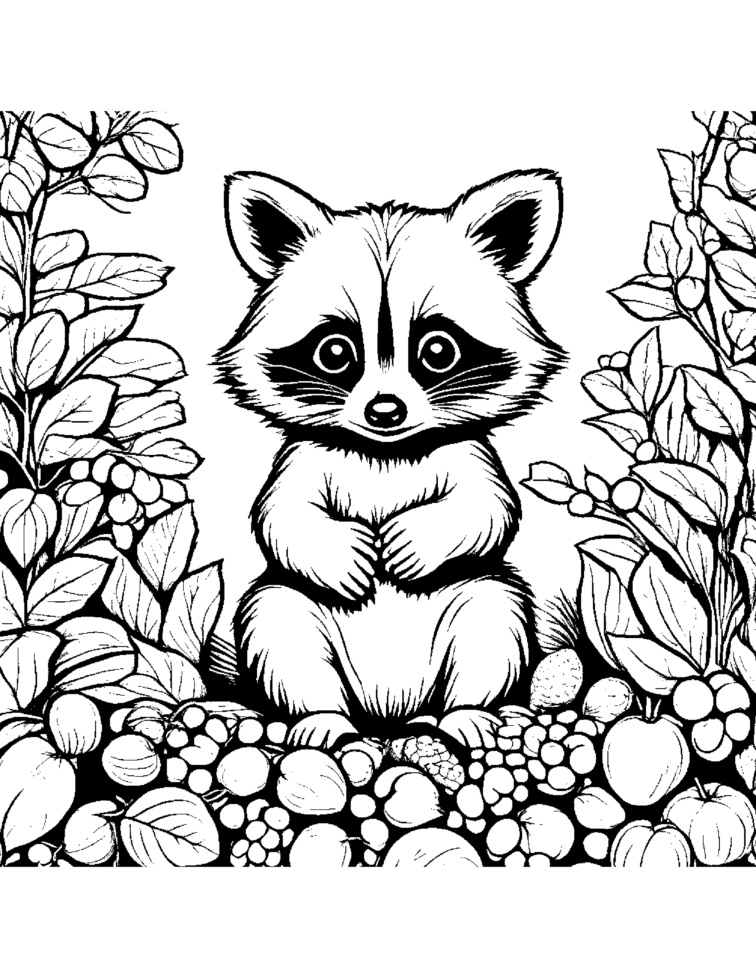 A Baby Raccoon Raiding A Cornucpia Of Ripe Berries Growing Wild In The Appalachian Mountains Coloring Page (Free Printable PDF)