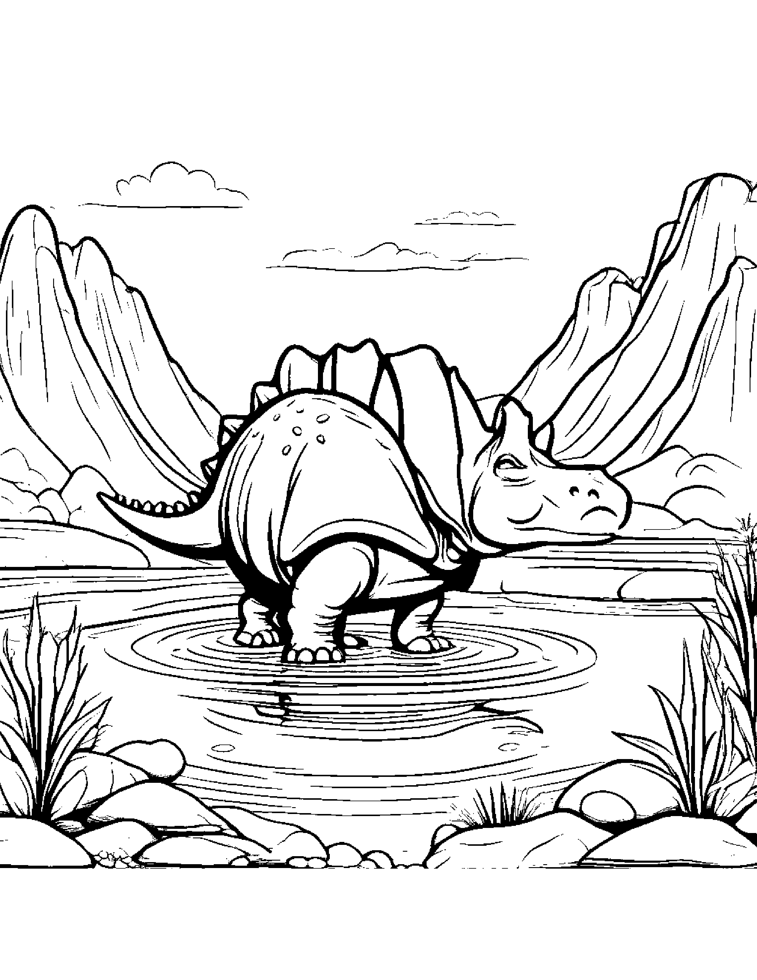 A Baby Stegosaurus Grazing Peacefully Near A Bubbling Hot Spring Coloring Page (Free Printable PDF)