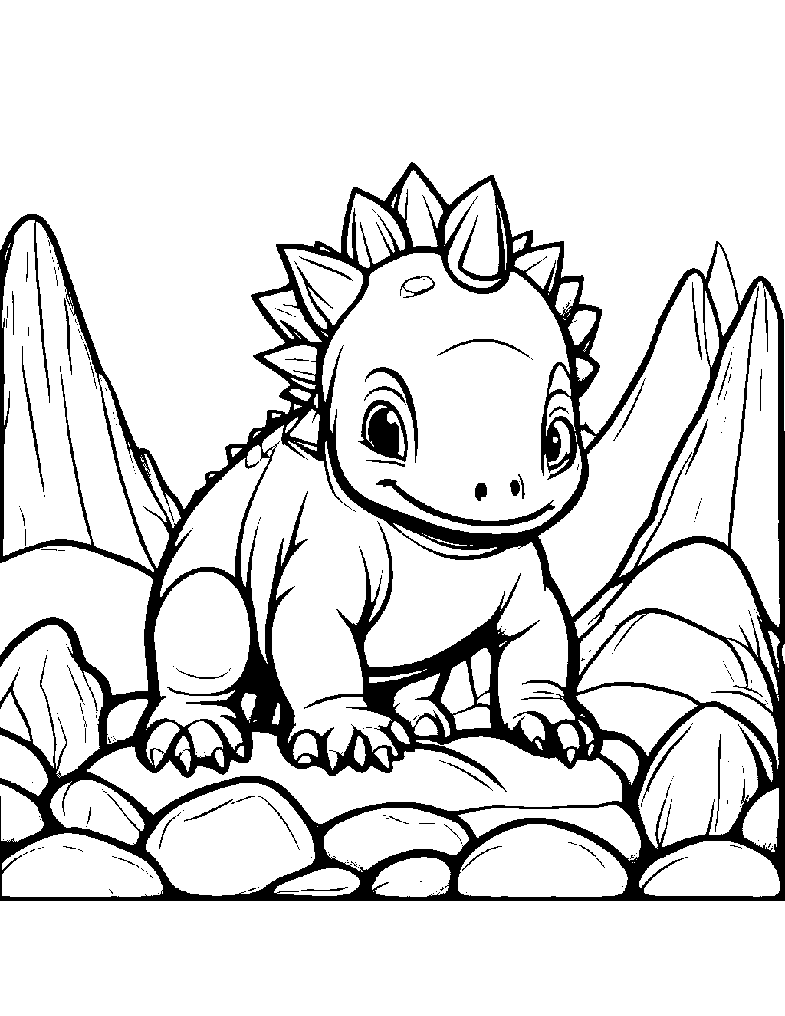 A Baby Stegosaurus Playing With Rocks Coloring Page (Free Printable PDF)