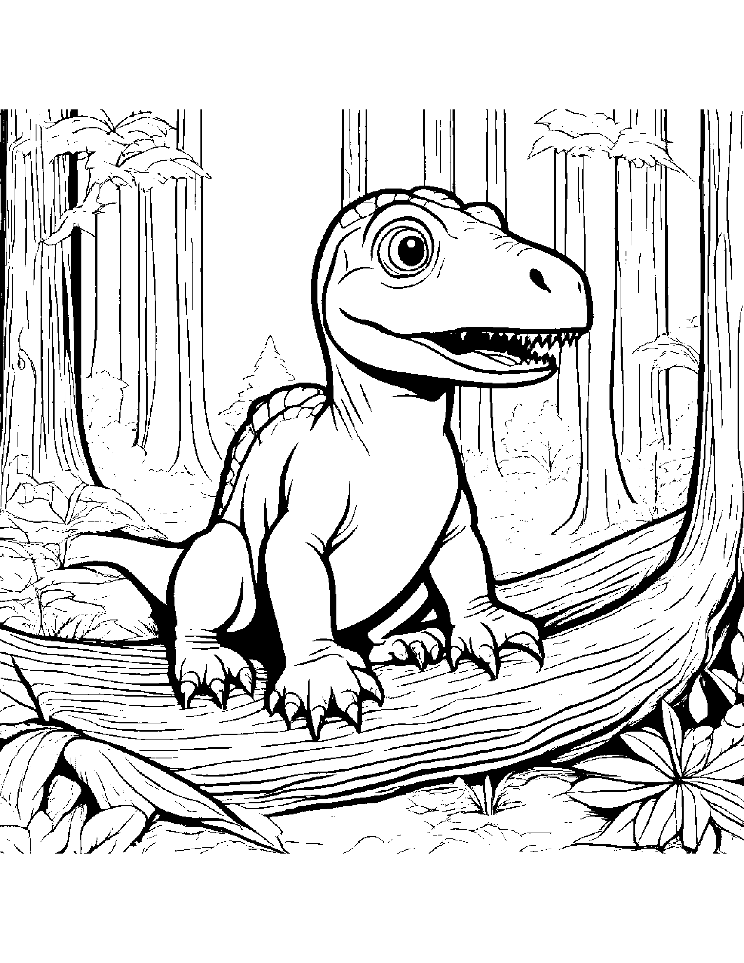 A Baby Tyrannosaurus Playing With A Fallen Tree Trunk In A Forest Clearing Coloring Page (Free Printable PDF)