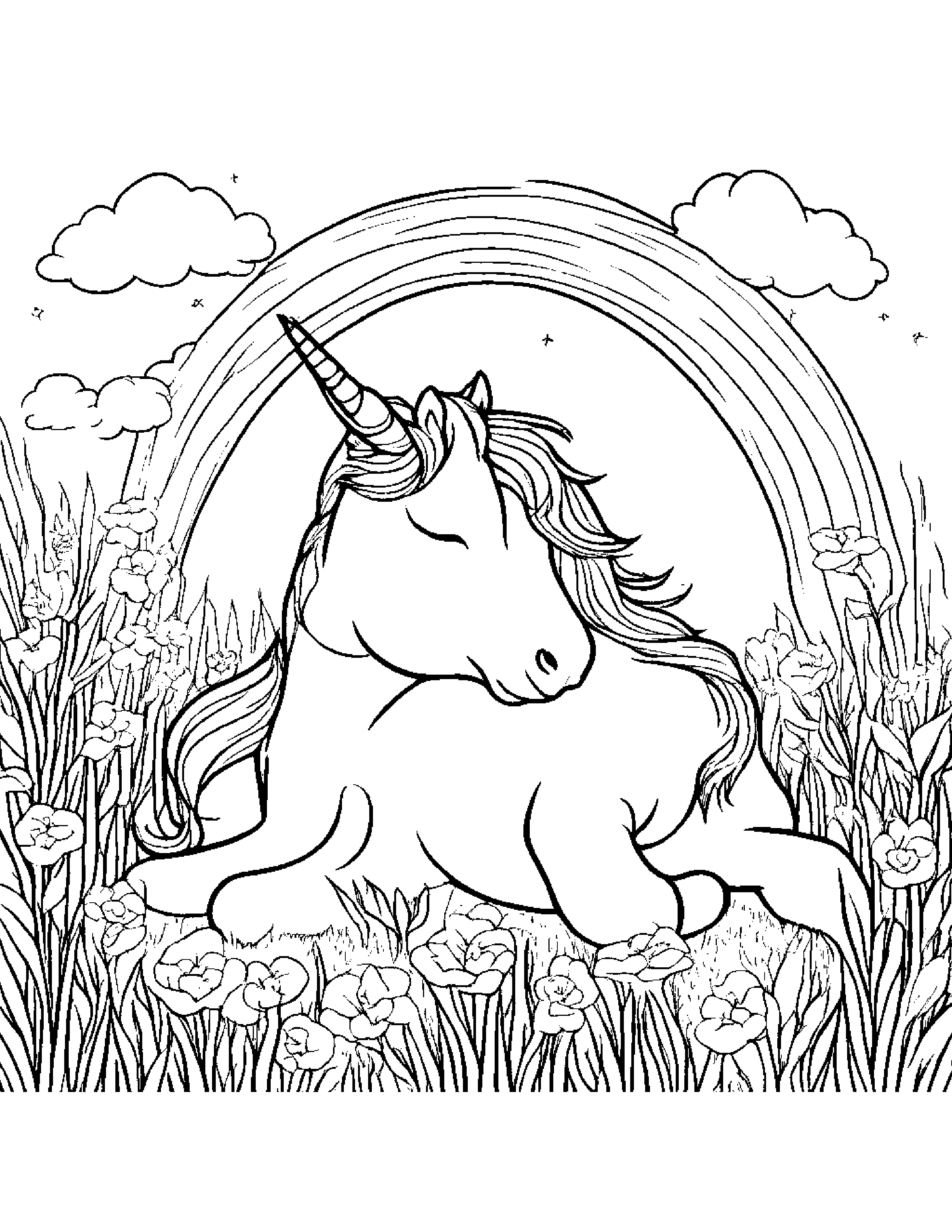A Baby Unicorn Napping In A Rainbow-Colored Meadow Coloring Page (Free Printable PDF)
