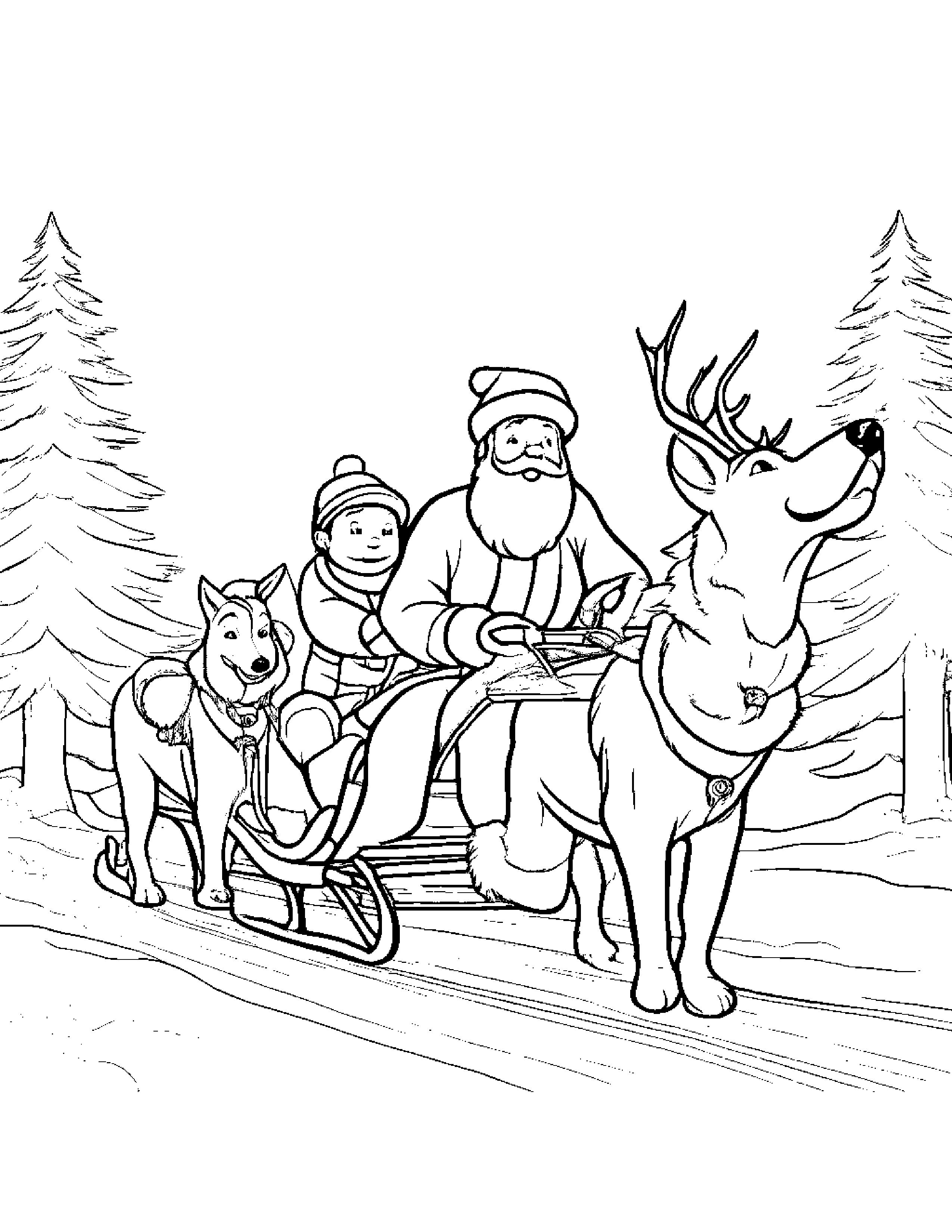 A Boy Dressed As Santa Claus Riding On A Reindeer Sleigh Pulled By Two Husky Dogs Coloring Page (Free Printable PDF)