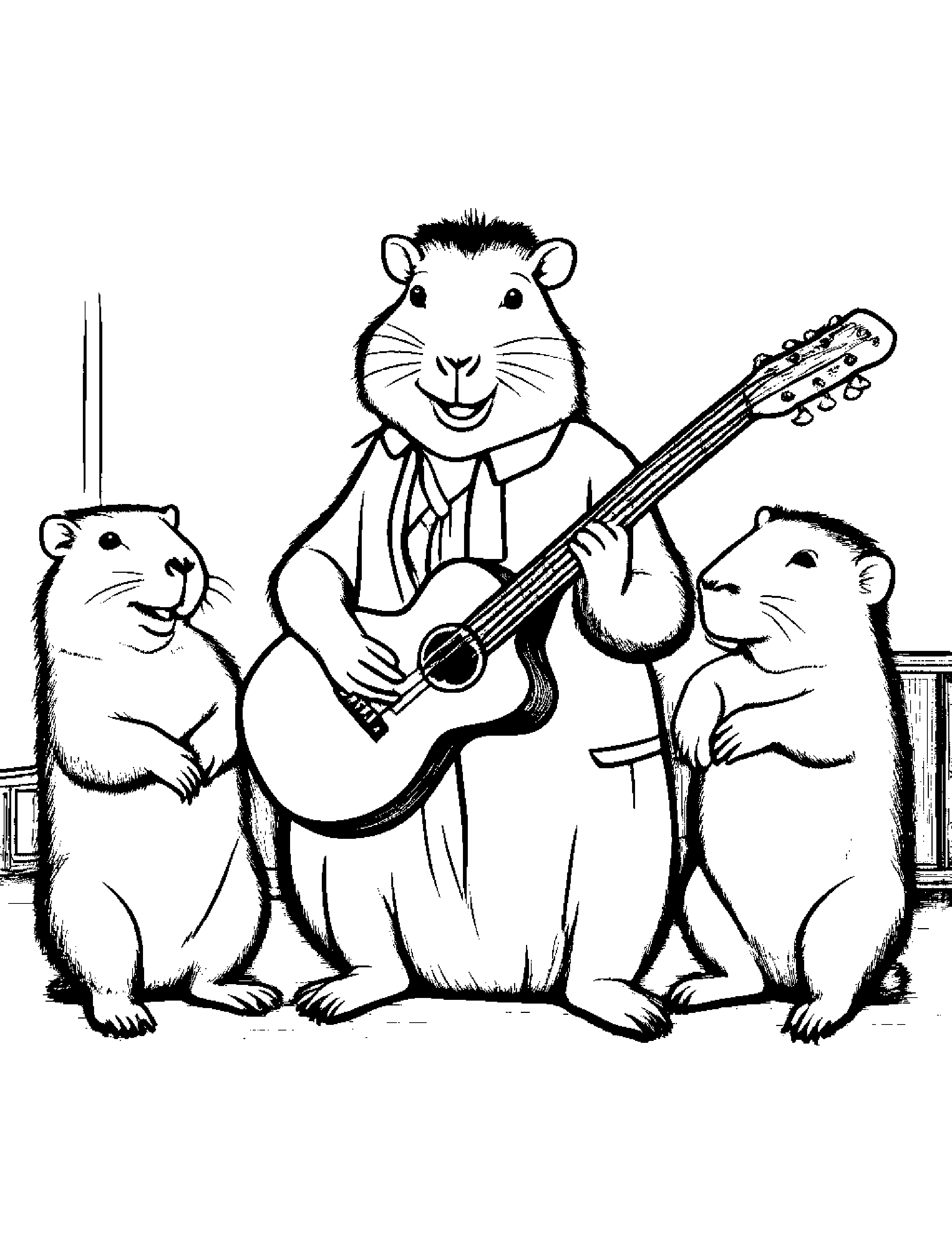A Capybara Dressed Like Elvis Presley Singing On Stage With A Backup Band Of Monkeys Coloring Page (Free Printable PDF)