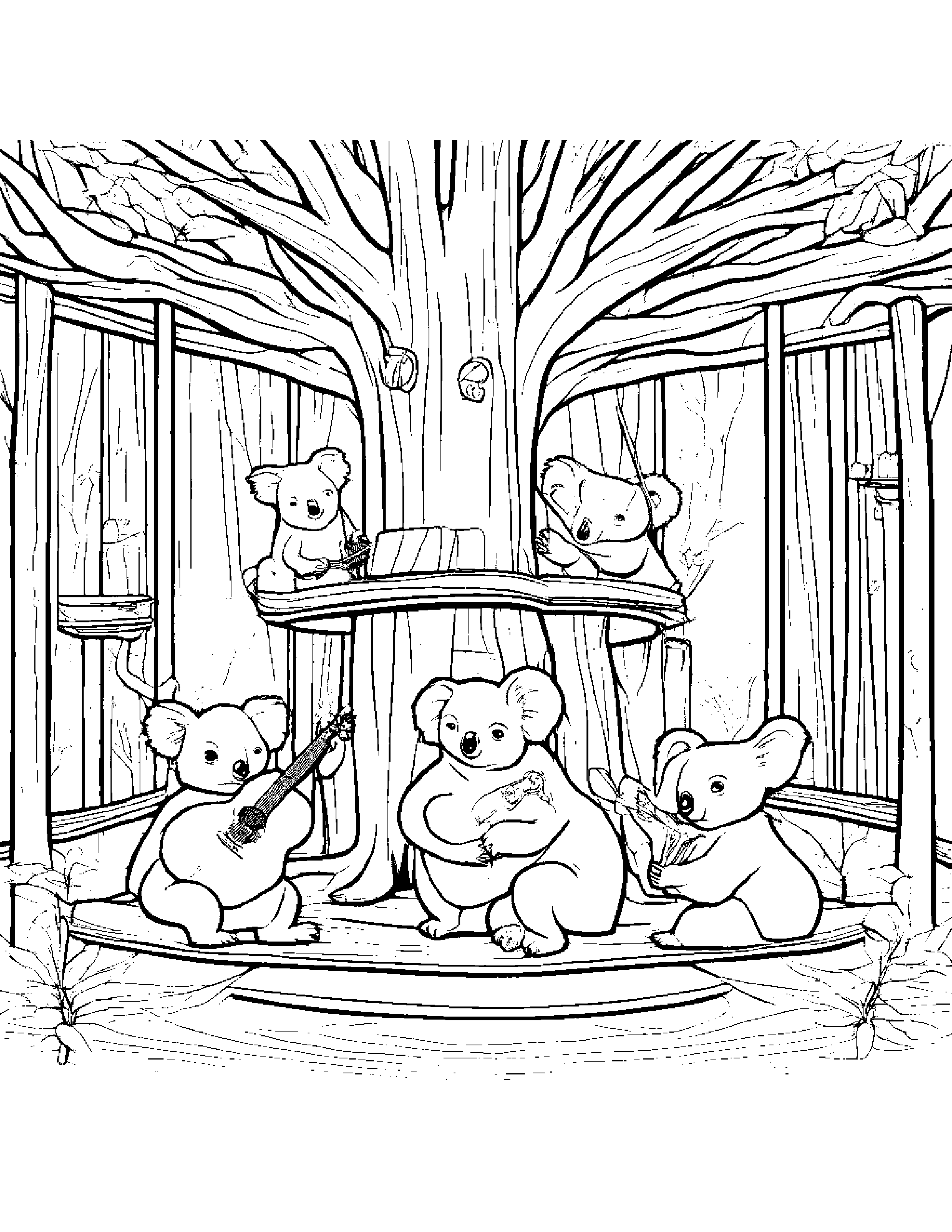 A Family Of Koalas Jamming Out To Heavy Metal Music In Their Treehouse Recording Studio Coloring Page (Free Printable PDF)