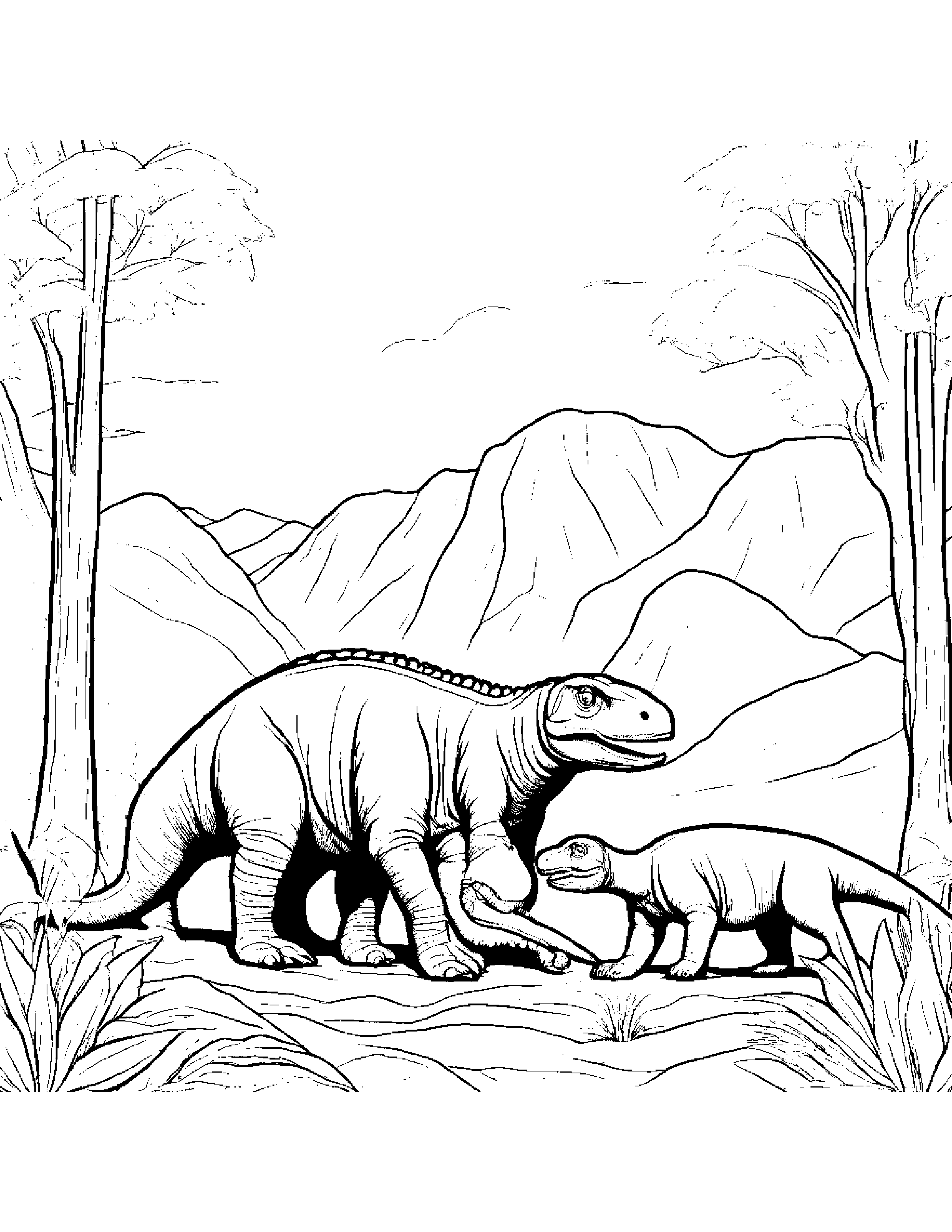 A Family Of Maiasaura Protecting Their Young From A Pack Of Hungry Carnivores Coloring Page (Free Printable PDF)