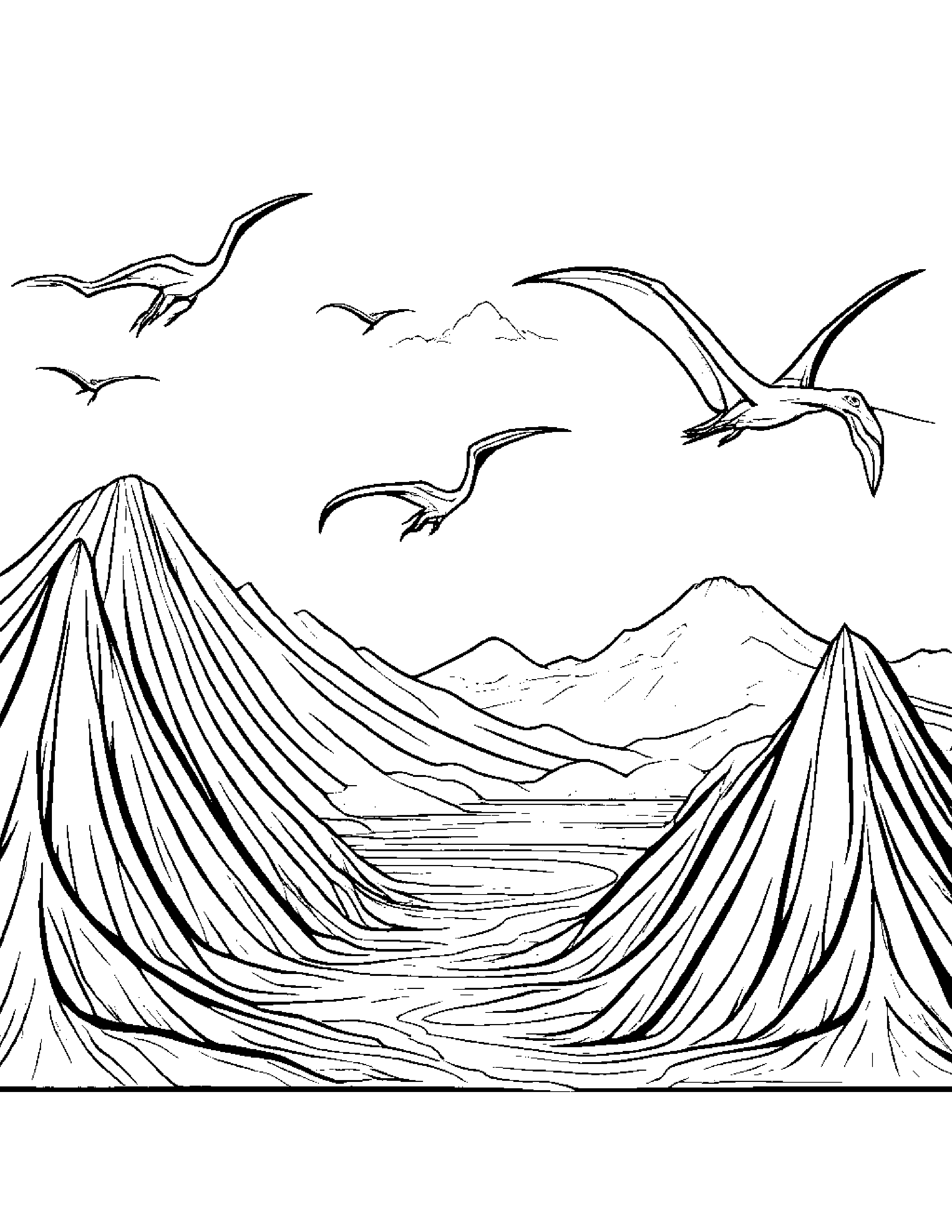 A Family Of Pterodactyls Flying Over A Volcano Coloring Page (Free Printable PDF)