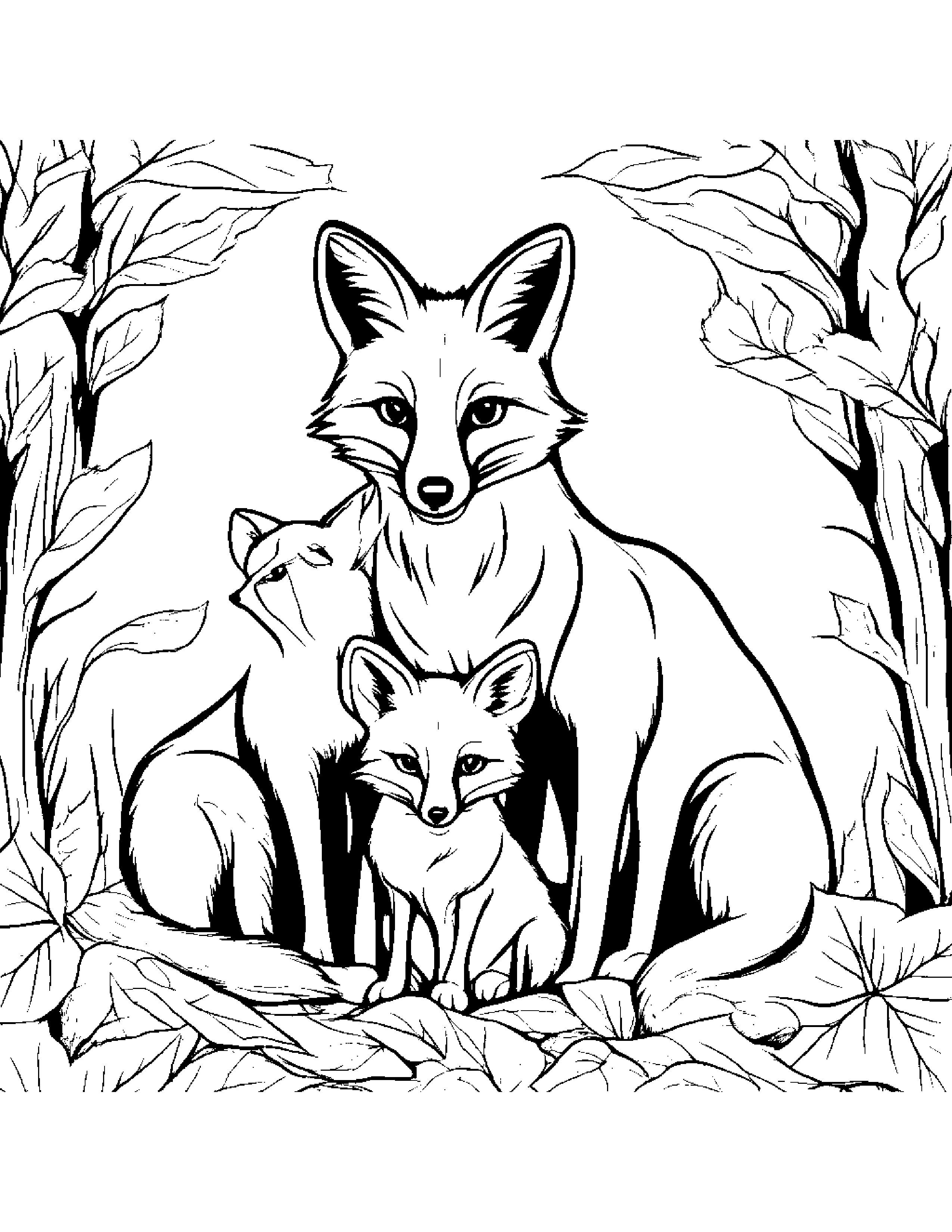 A Family Of Red Foxes Playing In Autumn Leaves Coloring Page (Free Printable PDF)