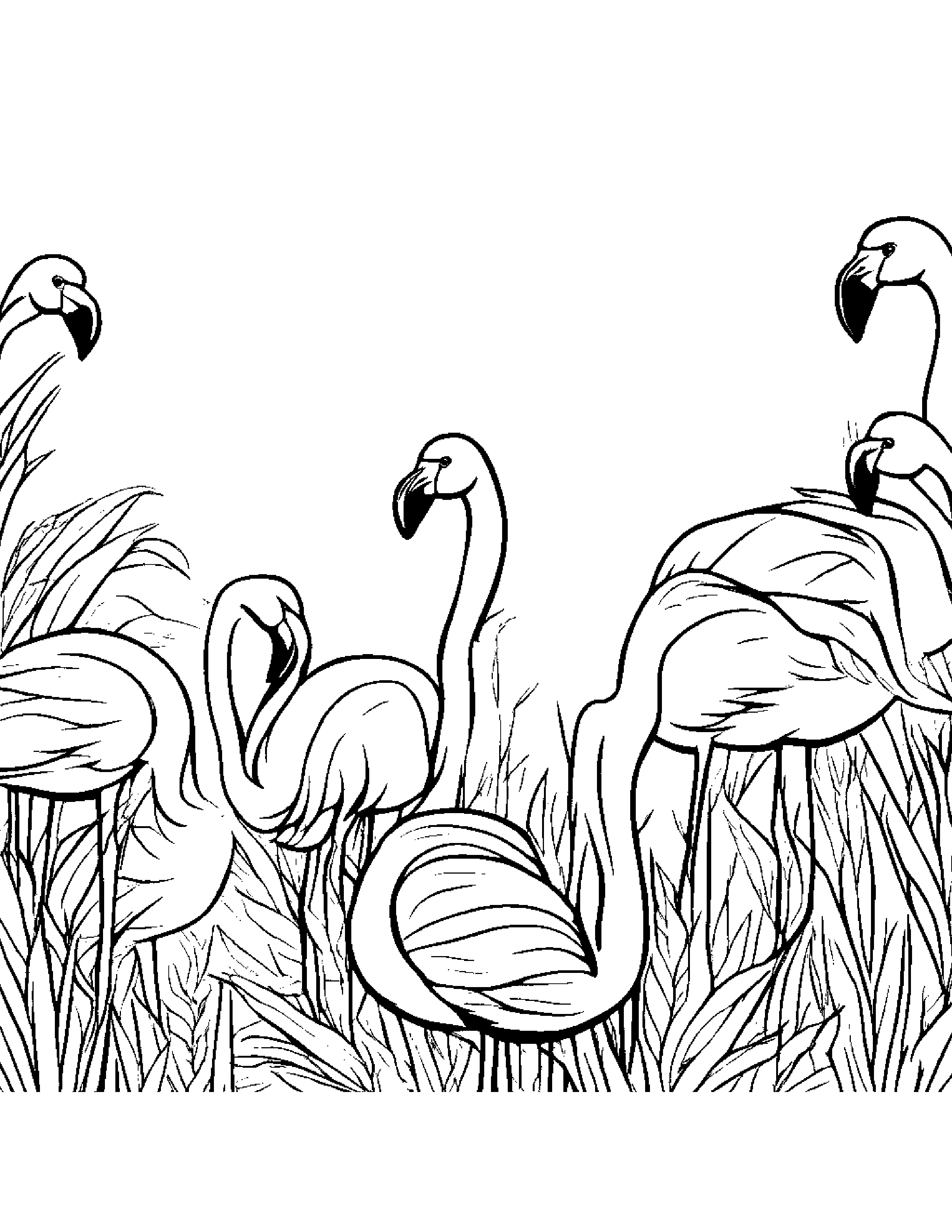 A Flock Of Flamingoes Forming A Ska Band And Grooving To Their Own Beat Coloring Page (Free Printable PDF)