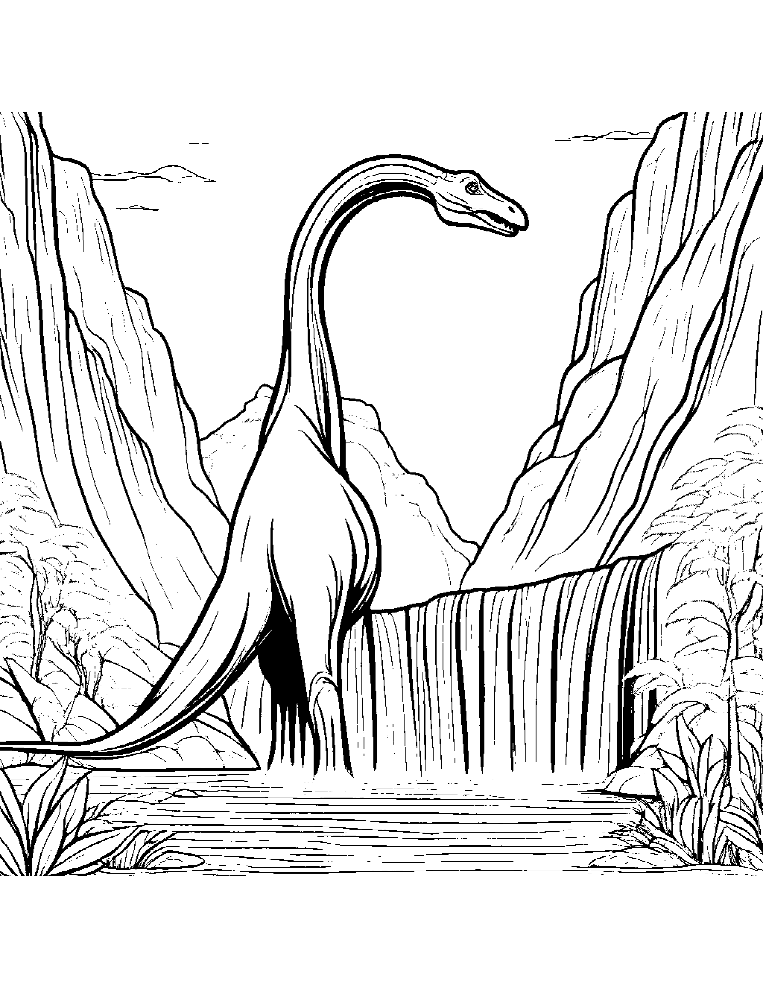 A Giant Brachiosaurus Drinking From A Waterfall Coloring Page (Free Printable PDF)