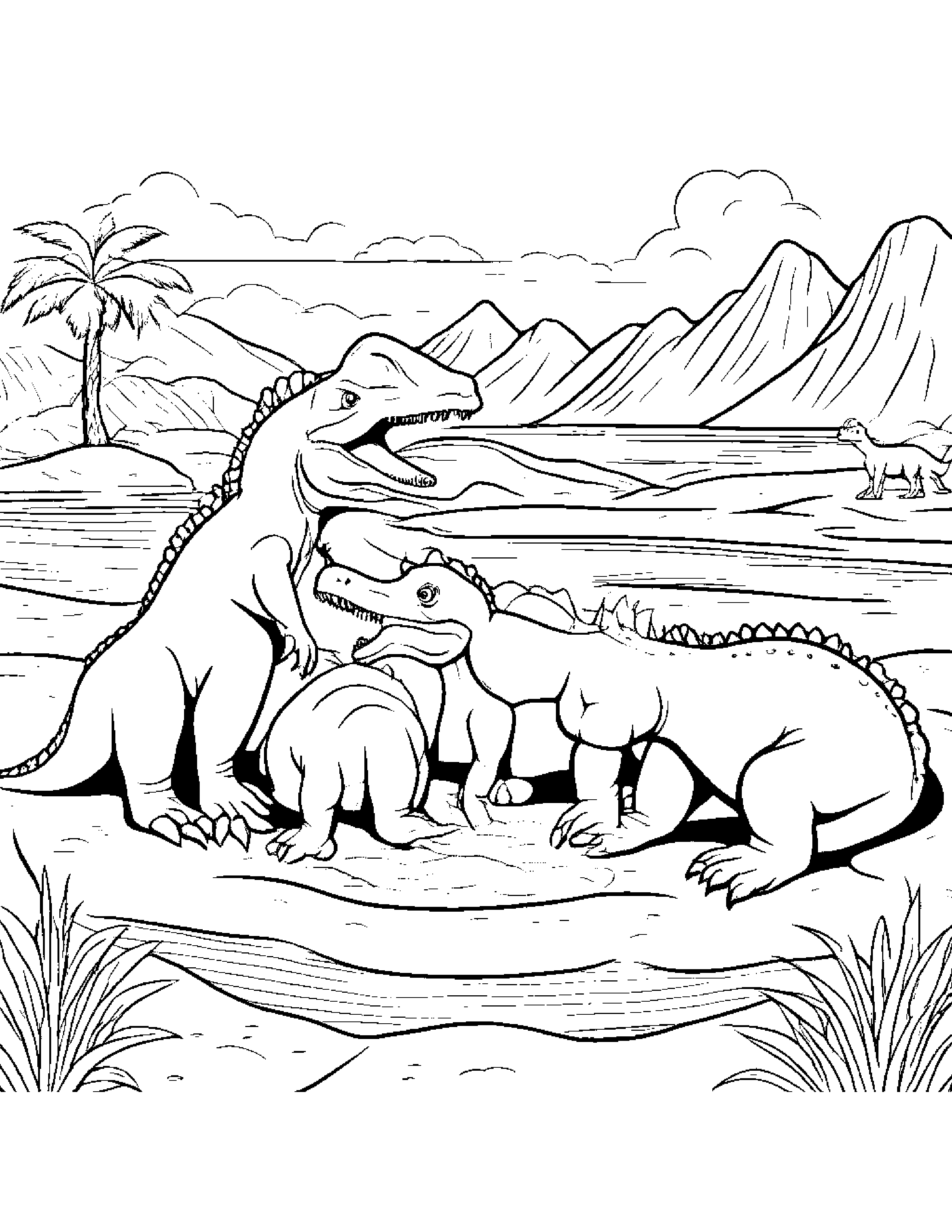 A Group Of Baby Ceratosaurs Wrestling Playfully In A Sand Pit Near A River Bank Coloring Page (Free Printable PDF)