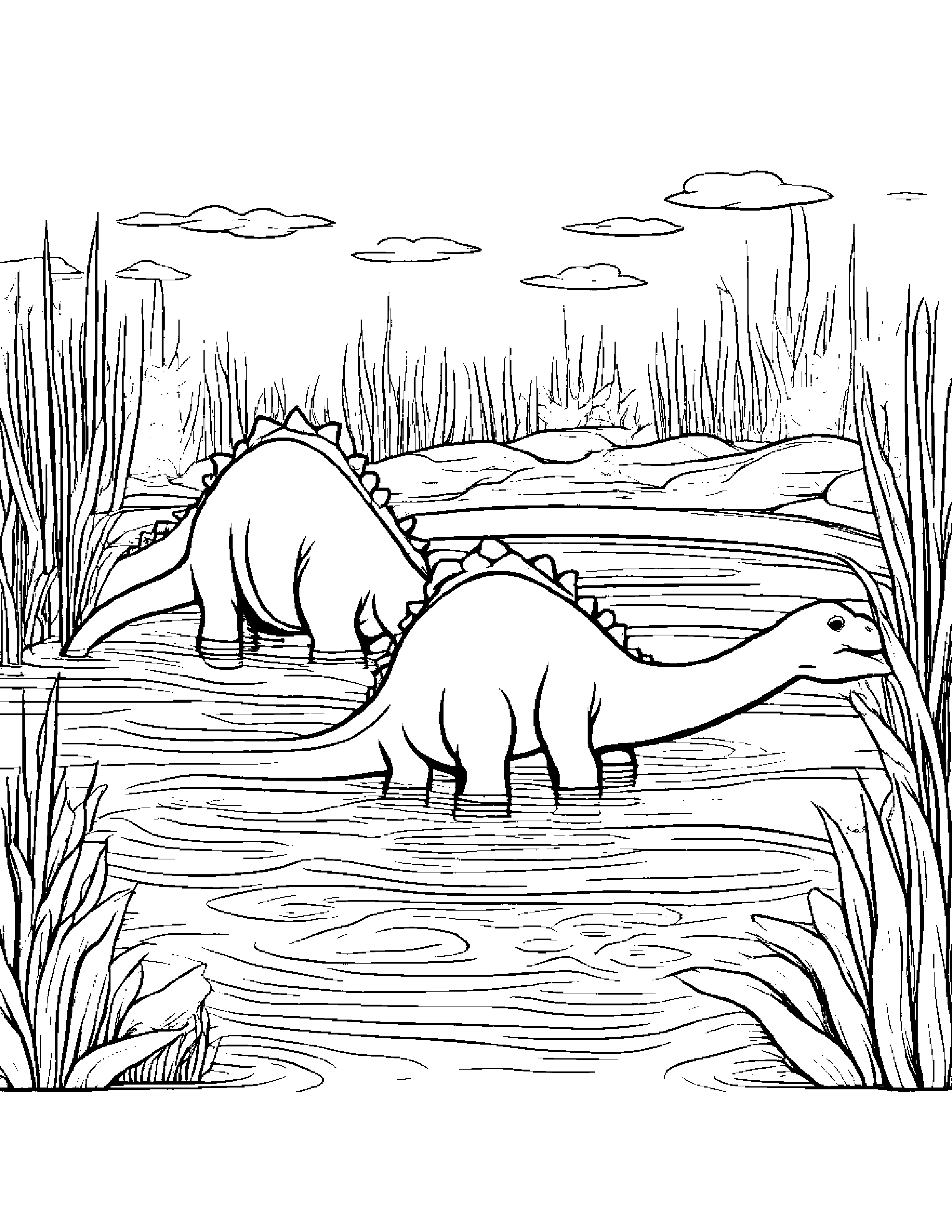 A Group Of Baby Sauropods Swimming In A Swamp Together Coloring Page (Free Printable PDF)