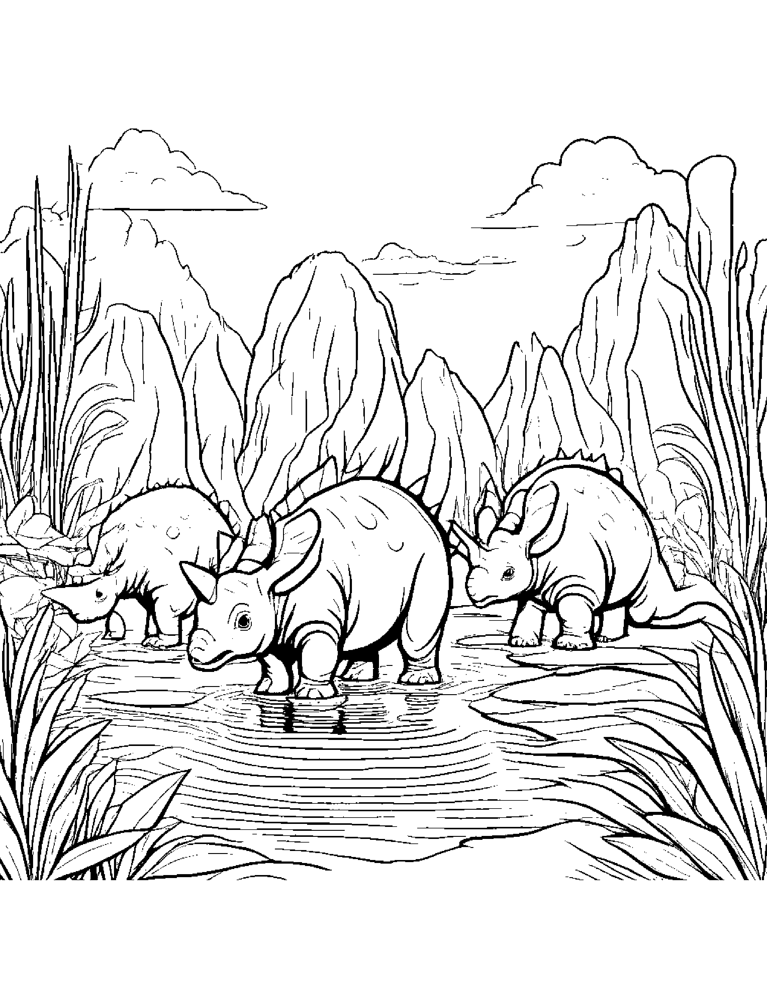 A Group Of Baby Triceratops Playing Tag In A Swamp Coloring Page (Free Printable PDF)