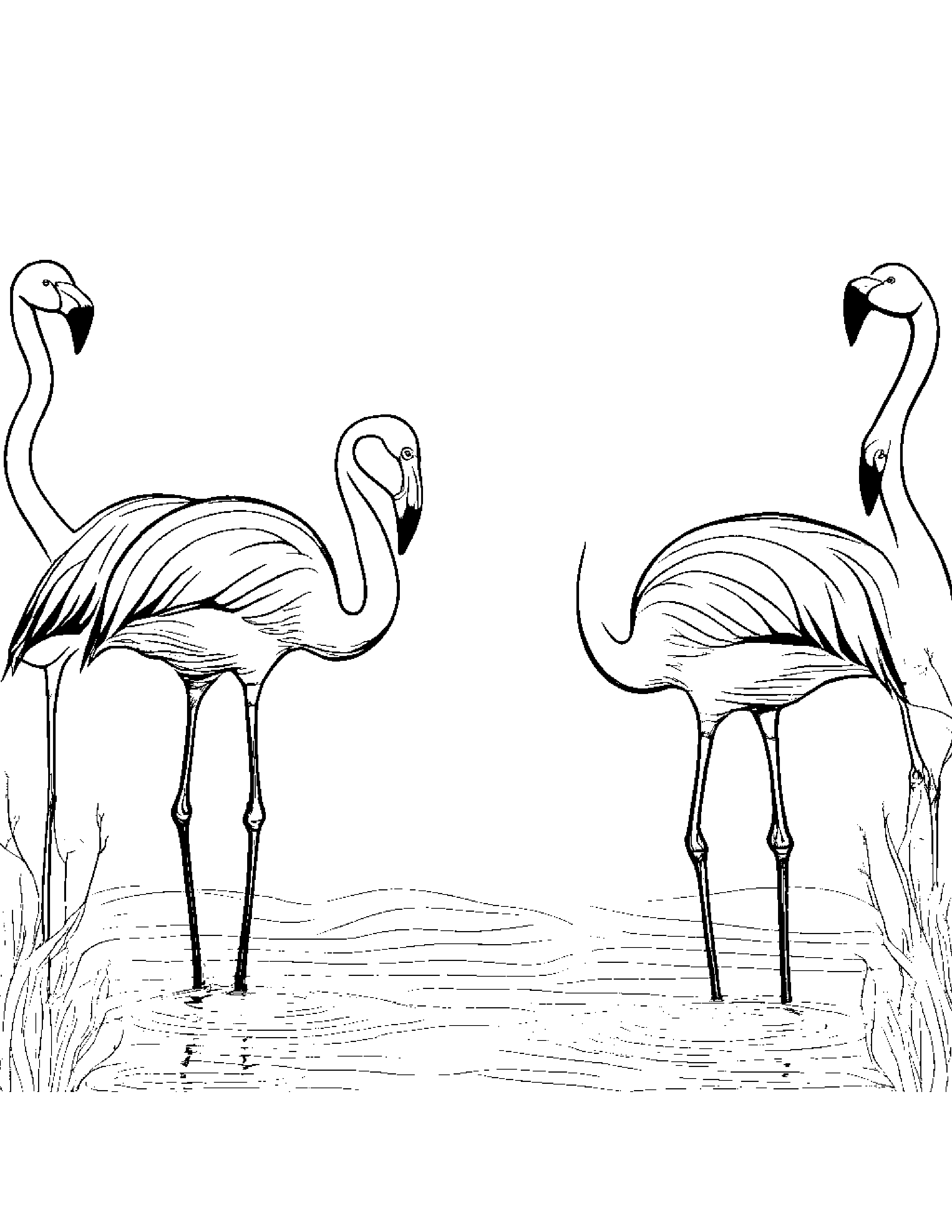 A Group Of Flamingos Doing Synchronized Moves And Playing Trumpets Coloring Page (Free Printable PDF)