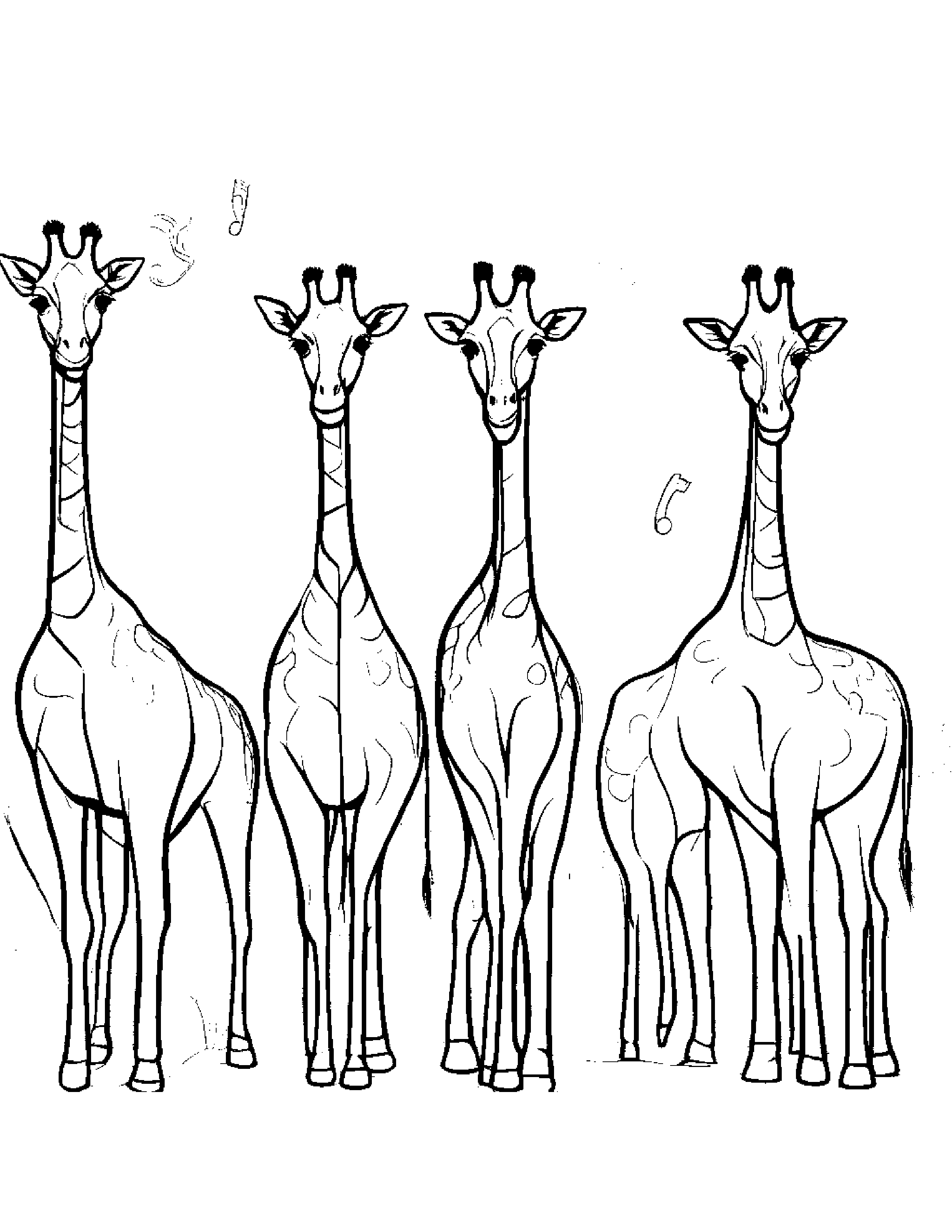 A Group Of Giraffes Forming A Jazz Band With Saxophones And Trombones Coloring Page (Free Printable PDF)