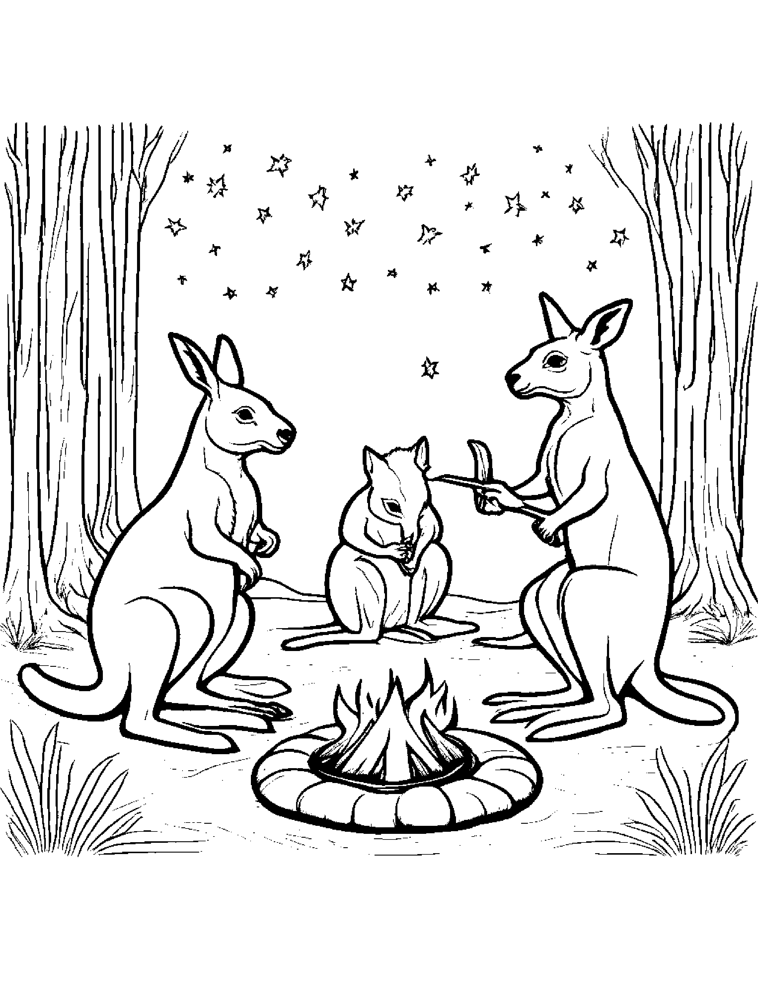 A Group Of Kangaroos Playing Acoustic Folk Songs Around A Campfire Under The Stars Coloring Page (Free Printable PDF)