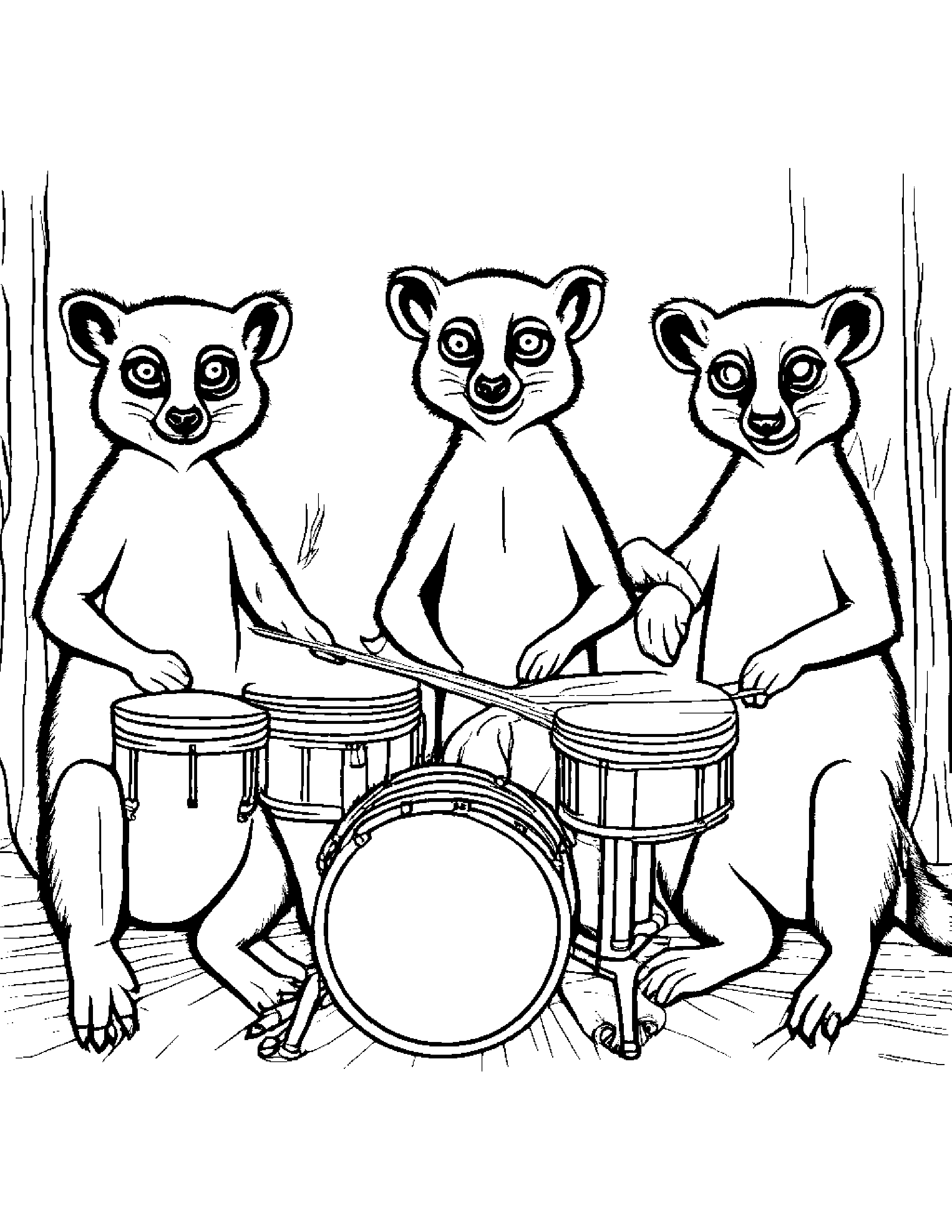 A Group Of Lemurs Forming A Reggae Band And Grooving To The Beat Of Their Own Drums Coloring Page (Free Printable PDF)