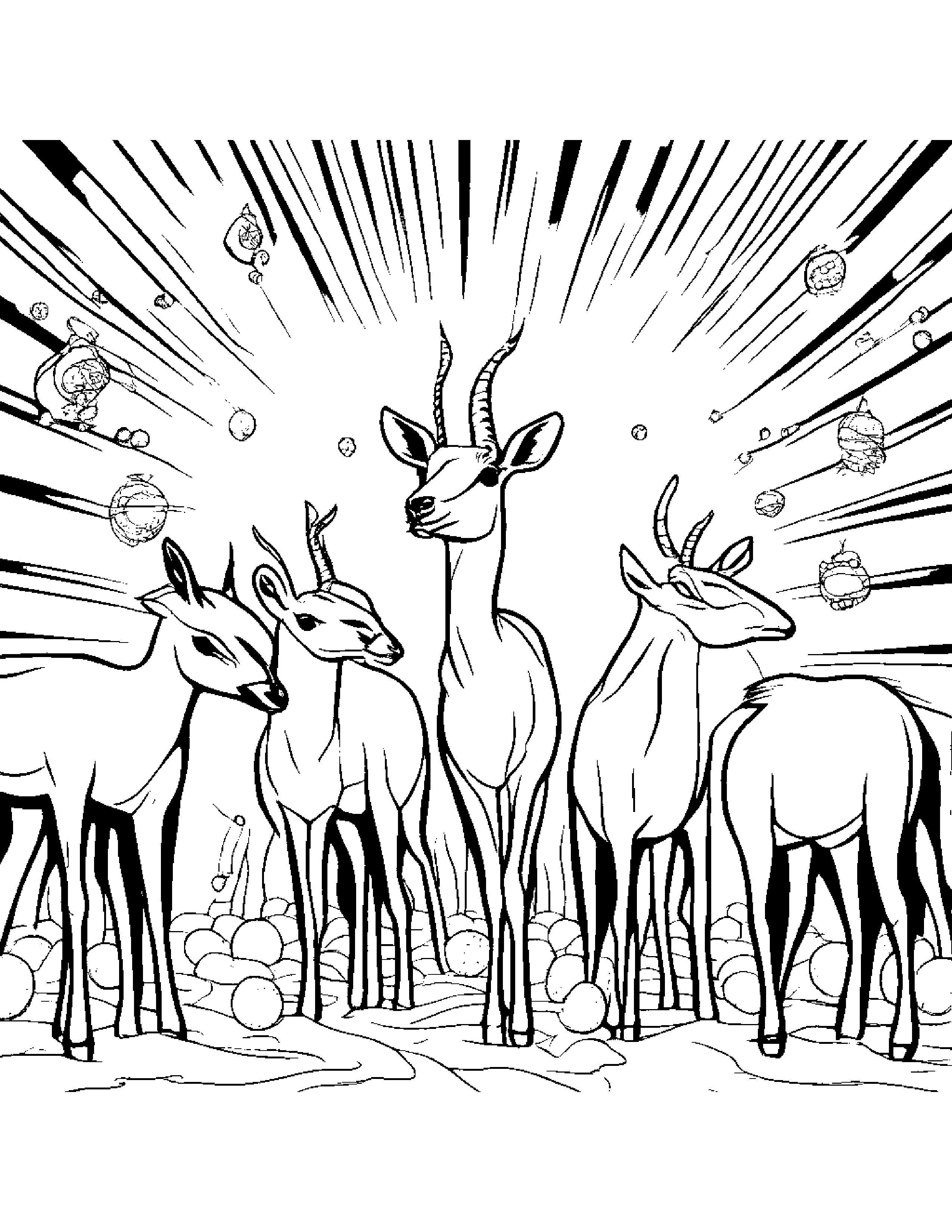 A Herd Of Gazelles Having A Funky Disco Party With Flashing Lights And Disco Balls Coloring Page (Free Printable PDF)