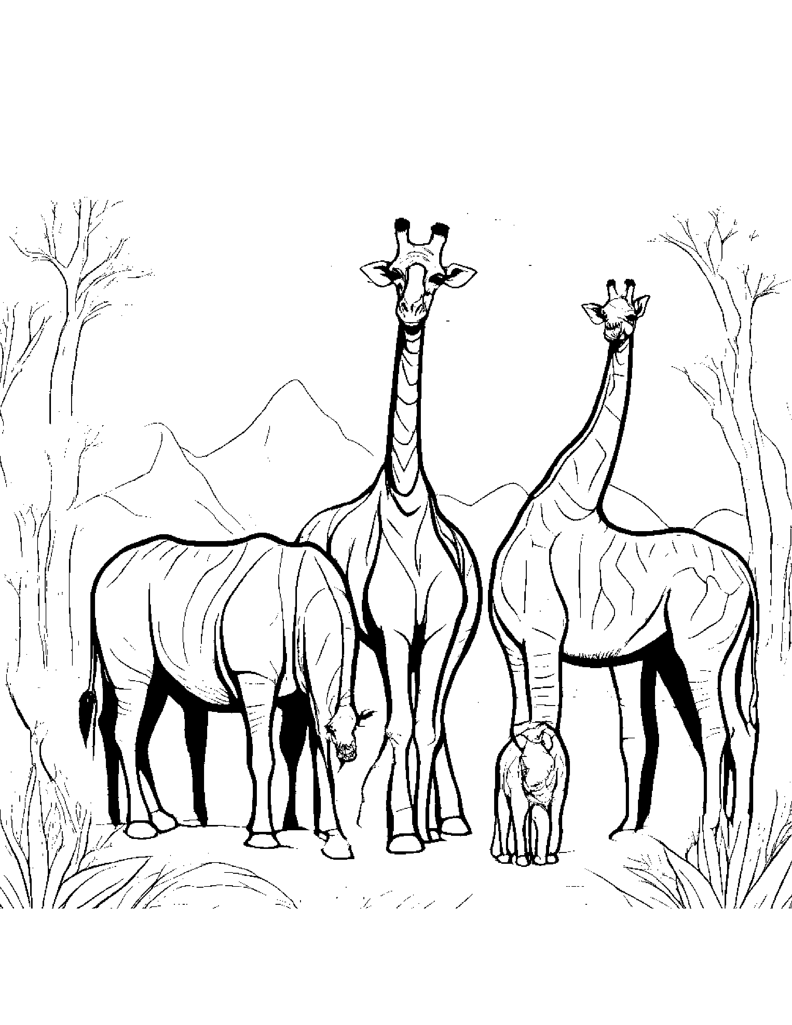 A Herd Of Giraffes Forming A Barbershop Quartet And Serenading A Sleeping Baby Rhino Coloring Page (Free Printable PDF)