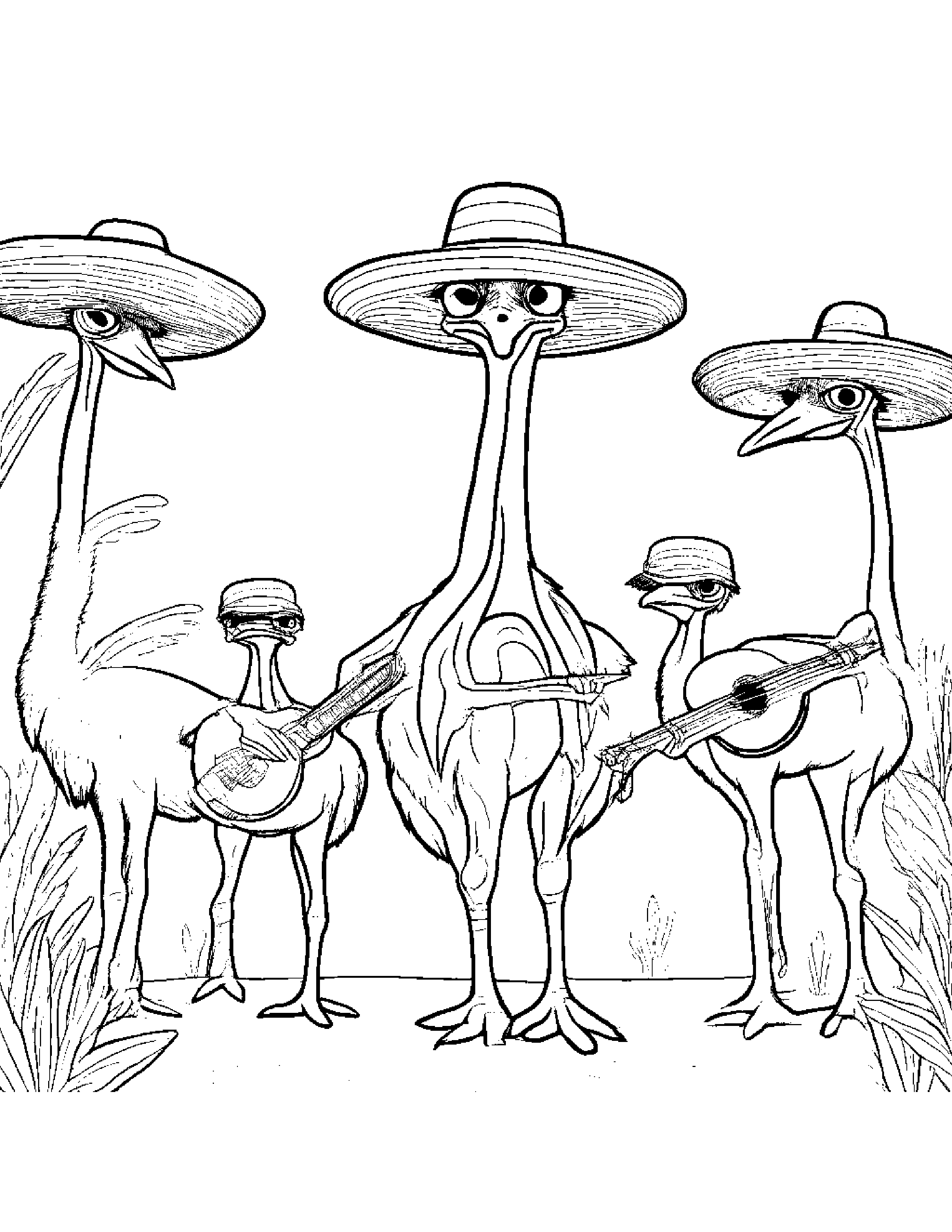 A Herd Of Ostriches Forming A Mariachi Band And Performing Festive Mexican Music Coloring Page (Free Printable PDF)