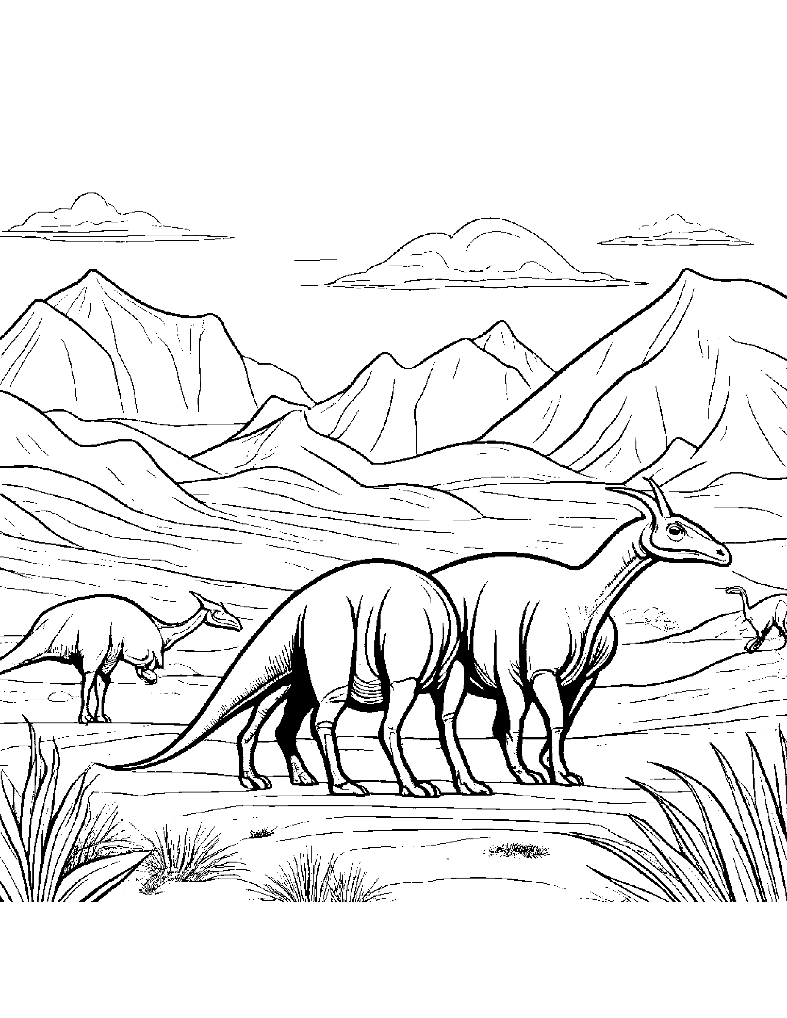 A Herd Of Parasaurolophus Migrating Across A Desert Landscape Coloring Page (Free Printable PDF)