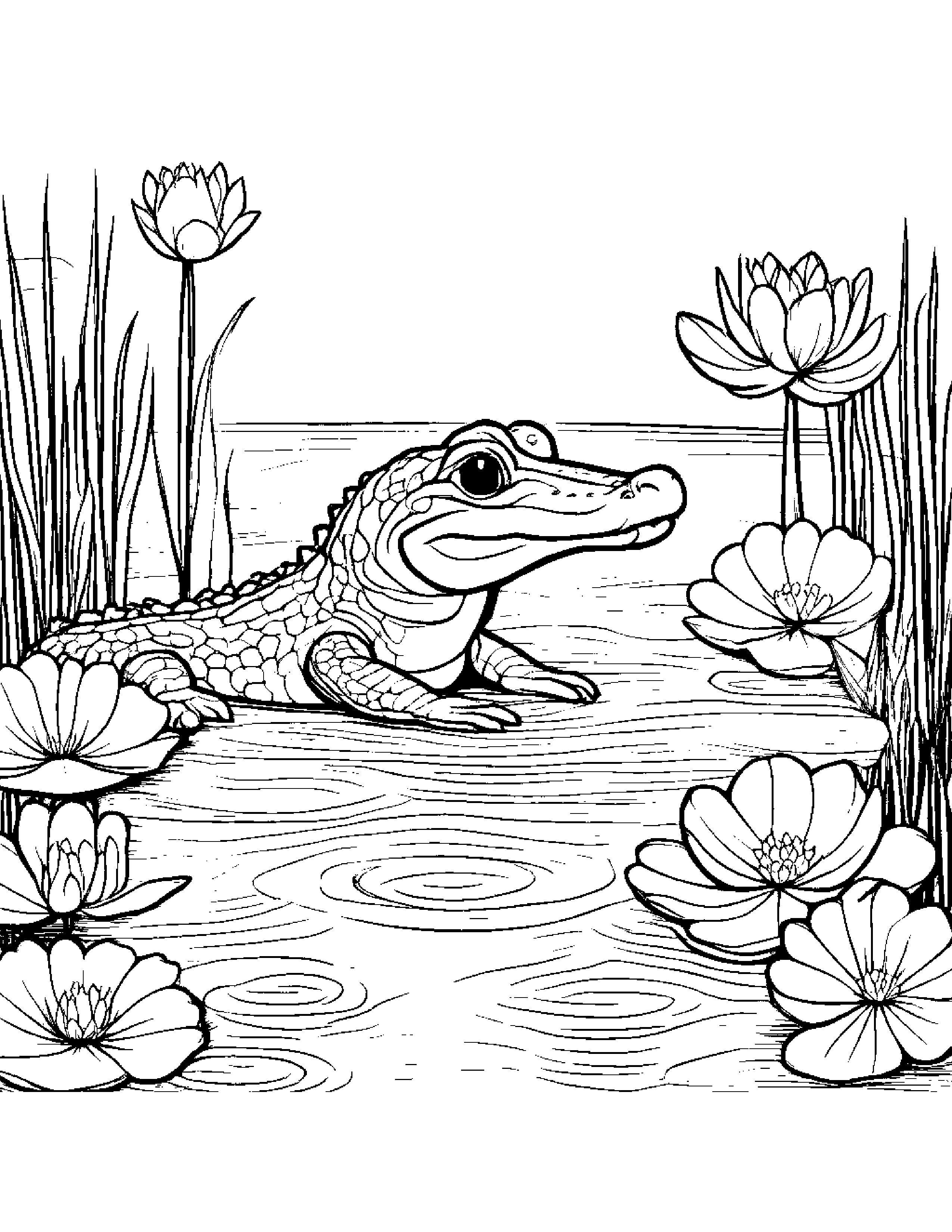 A Little Baby Alligator Swimming In A Swampy Marsh Filled With Colorful Lotus Flowers Coloring Page (Free Printable PDF)