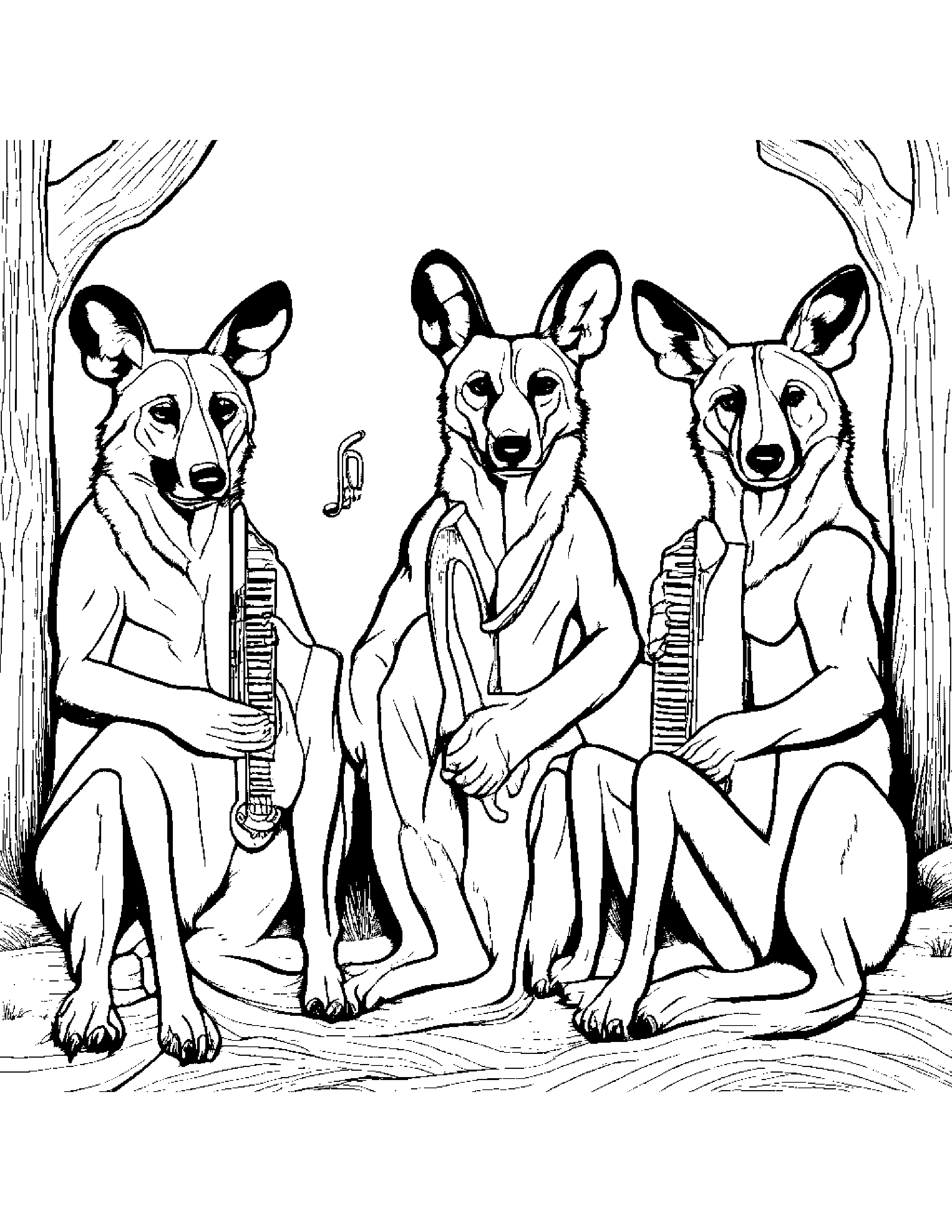 A Pack Of African Wild Dogs Forming A Blues Band And Jamming Out On Harmonicas And Harp Coloring Page (Free Printable PDF)